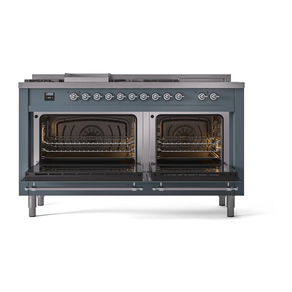 ILVE 60-Inch Nostalgie II Noblesse Dual Fuel Range with 7 Sealed Burners, Gridlde, French Top, and Solid Door Oven in Blue Grey with Chrome Trim (UN60FSQNMPBGC)