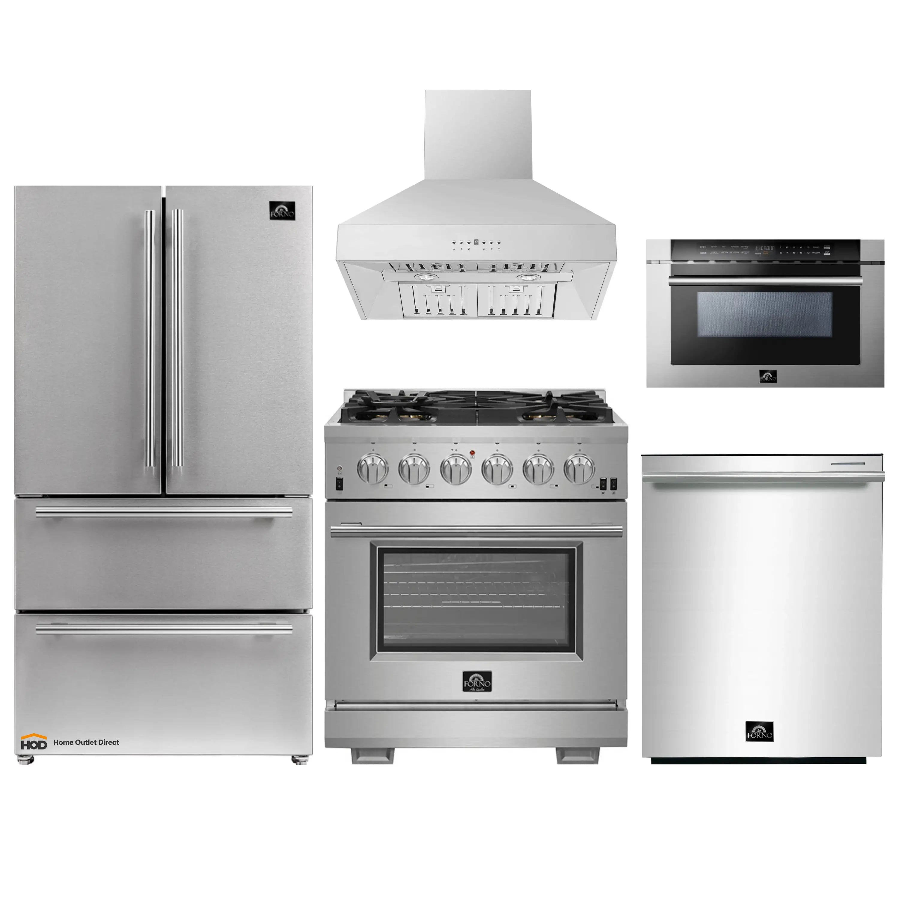Forno 5-Piece Pro Appliance Package - 30-Inch Gas Range, Refrigerator, Wall Mount Hood, 24-Inch Microwave Drawer, & 3-Rack Dishwasher in Stainless Steel