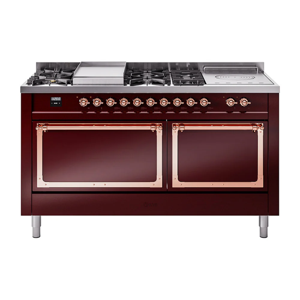 ILVE 60-Inch Nostalgie II Noblesse Dual Fuel Range with 7 Sealed Burners, Gridlde, French Top, and Solid Door Oven in Burgundy with Copper Trim (UN60FSQNMPBUP)