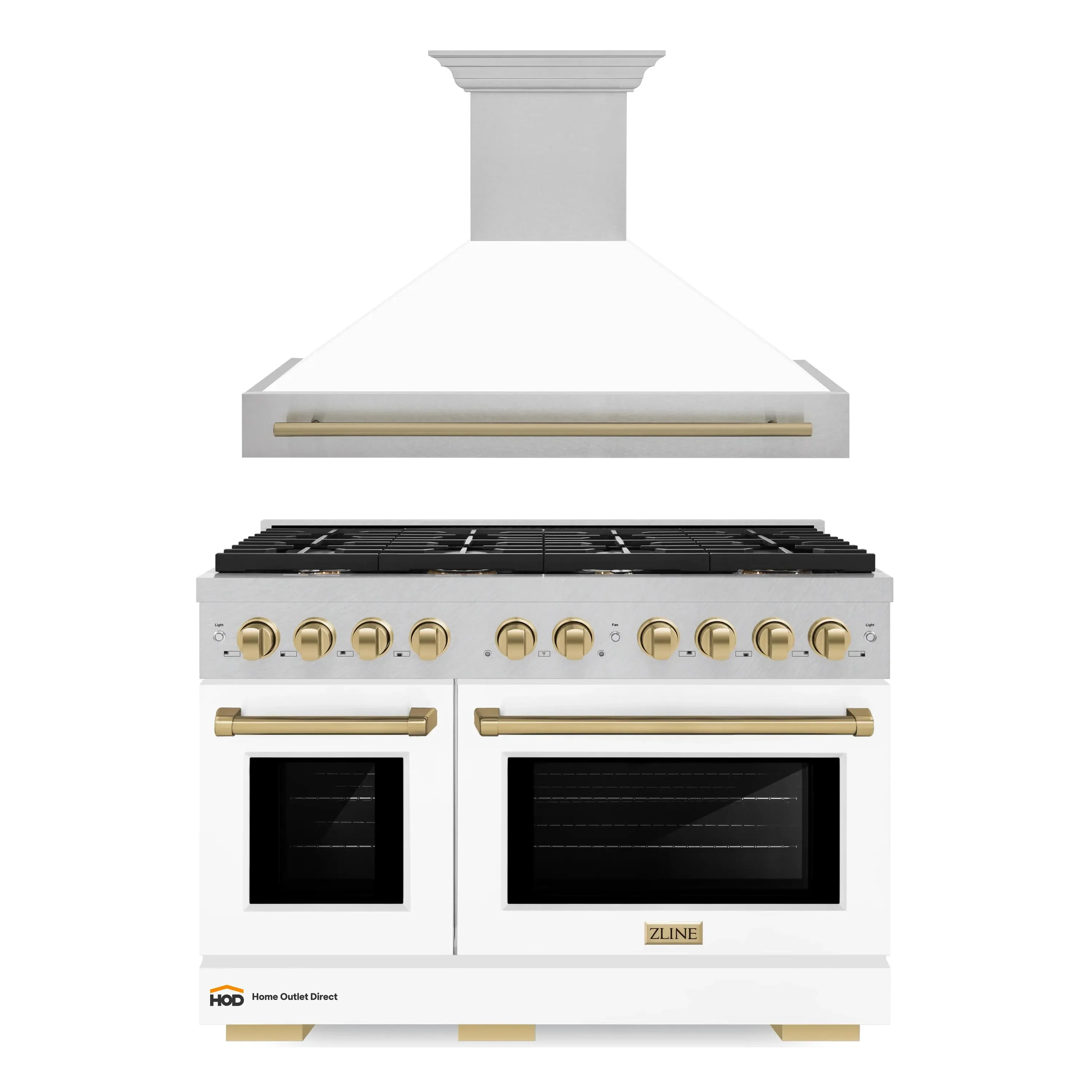 ZLINE Autograph Edition 2-Piece Appliance Package - 48-Inch Gas Range & Wall Mounted Range Hood in Satin Stainless Steel with White Matte Door and Champagne Bronze Trim (2AKPR-SGRSWMRH48-CB)