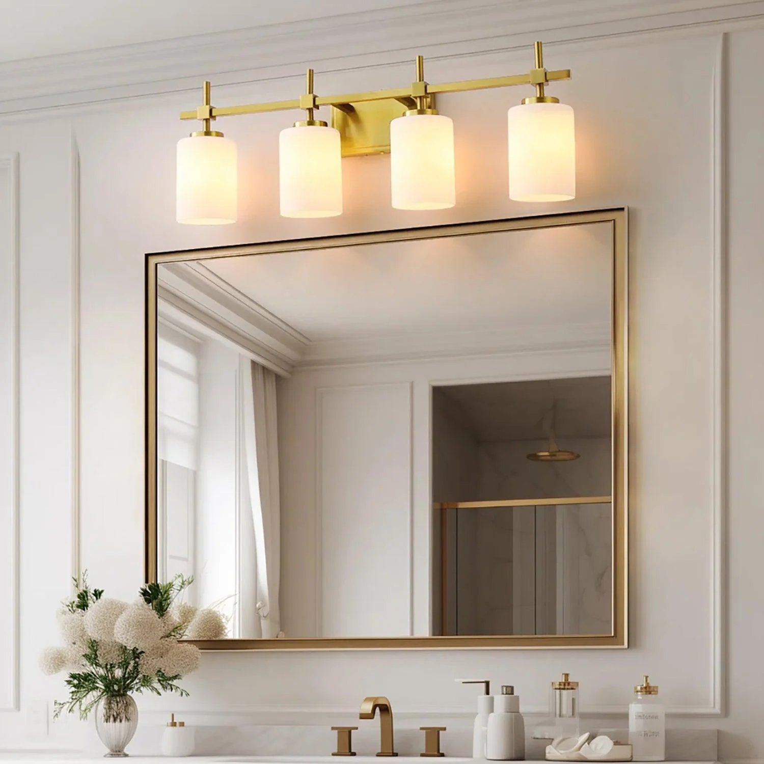 Jasper Gold Modern Frosted Glass 4-Light Bathroom Vanity Light
