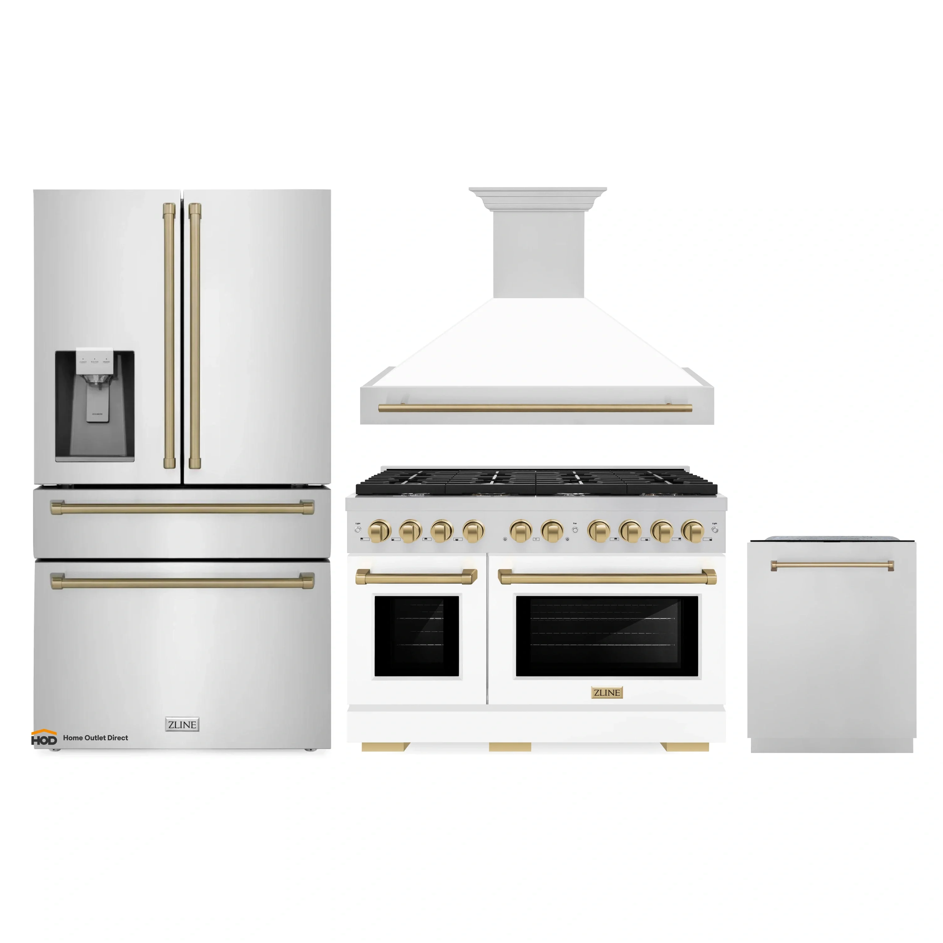 ZLINE Autograph Edition 4-Piece Appliance Package - 48-Inch Stainless Steel Gas Range, Refrigerator with Water Dispenser, Wall Mounted Range Hood, & 24-Inch Tall Tub Dishwasher in White Matte and Champagne Bronze Accents (4AKPR-SGRWMRHDWM48-CB)