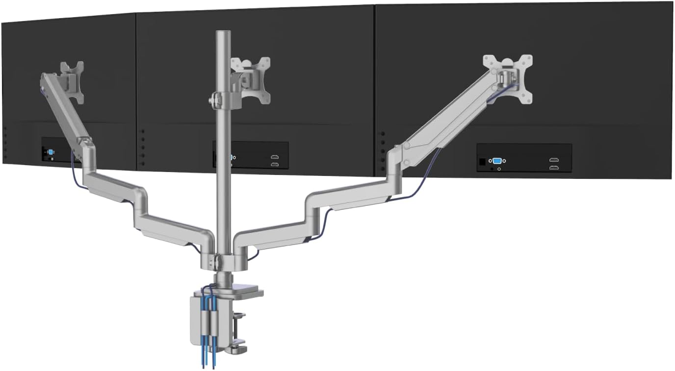 Mount-It! Triple Monitor Mount with Gas Spring Arms, Fits 24–32 Inch Screens, USB & Audio Ports, Full Motion Desk Stand with Tilt, Swivel & Rotation, Heavy Duty Silver 3 Screen Arm with Clamp