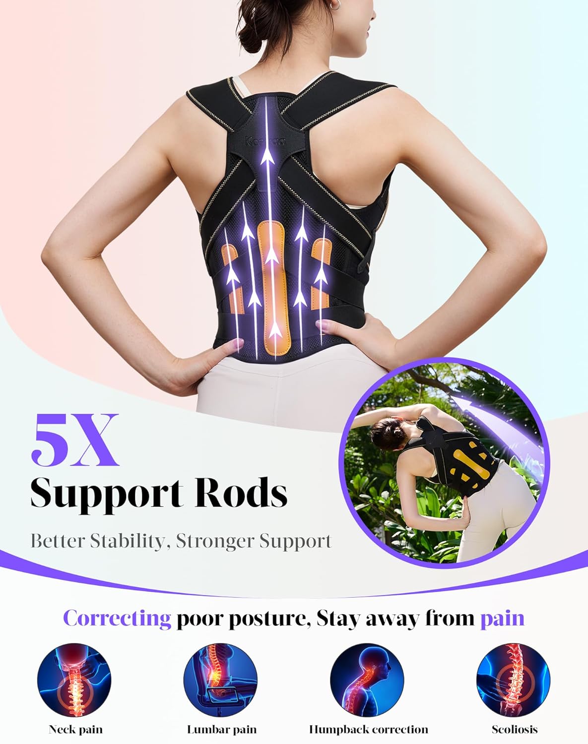 Posture Corrector for Women and Men, 5 Full Back Support Brace Rods, Adjustable Shoulder Straightener, Improving Hunchback Posture, Relief for Upper and Lower Back, Lumbar, Neck Pain