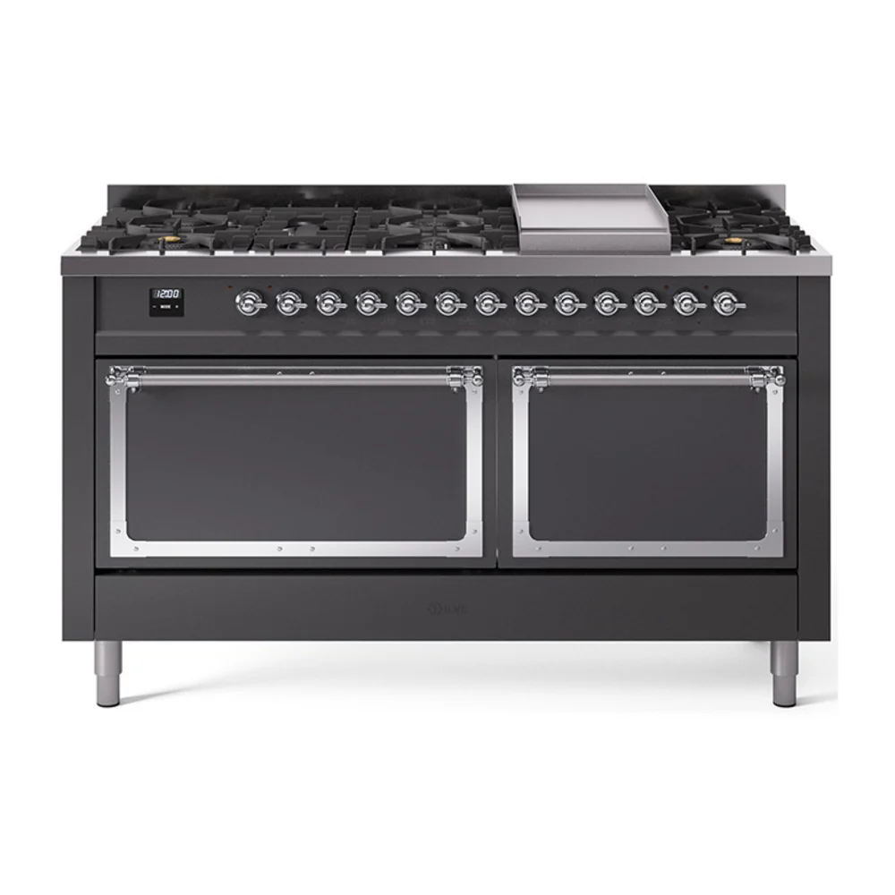 ILVE 60-Inch Nostalgie II Noblesse Dual Fuel Range with 9 Sealed Burners, Griddle, and Solid Door Oven in Matte Graphite with Chrome Trim (UN60FQNMPMGC)