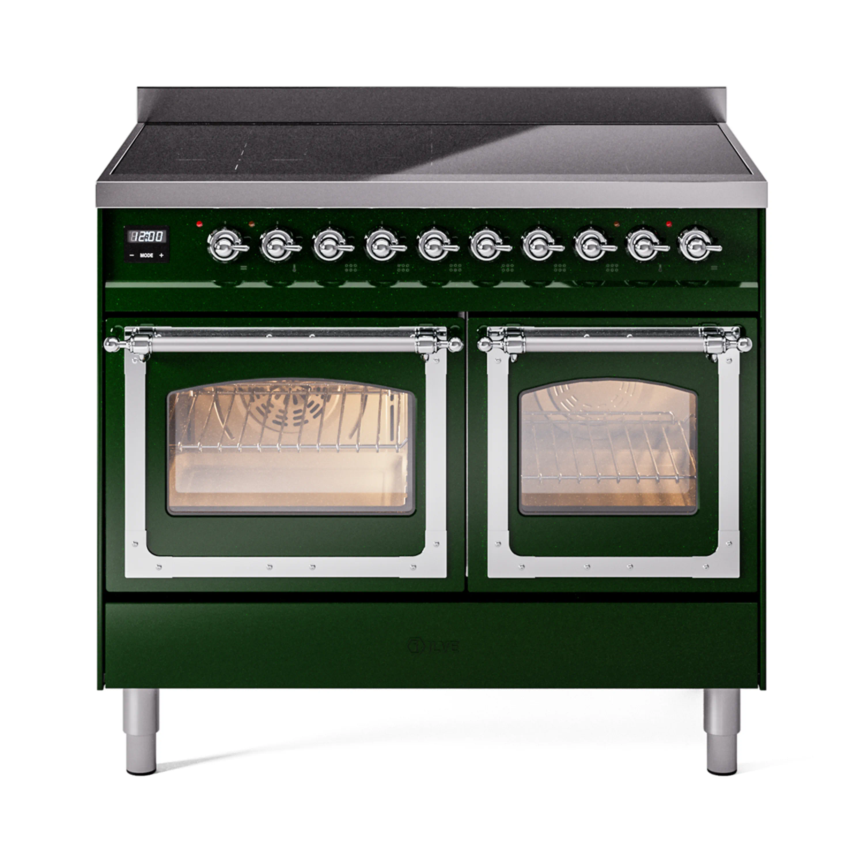 ILVE 40-Inch Nostalgie II Noblesse Induction Range with Triple Glass Door in Emerald Green with Chrome Trim (UNDI406NMPEGC)