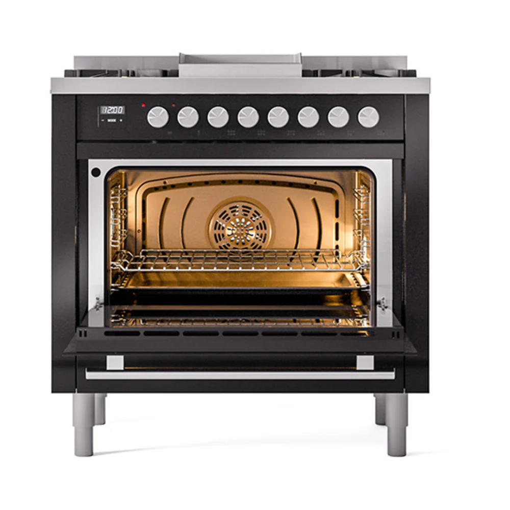 ILVE 36-Inch Professional Plus II Dual Fuel Range with 6 Burners and Solid Door in Glossy Black (UP36FQMPBK)