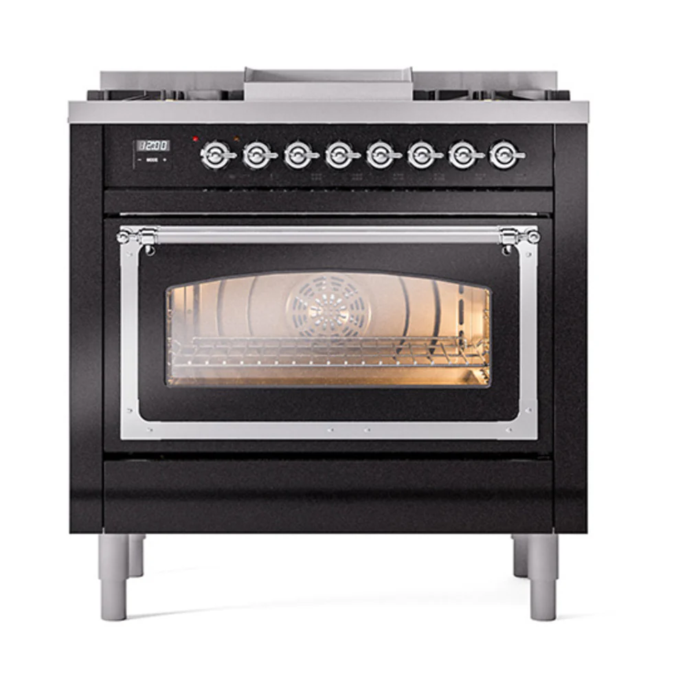 ILVE Nostalgie II Noblesse 36-Inch Dual Fuel Range and Triple Glass Door in Glossy Black with Chrome Trim (UN36FNMPBKC)