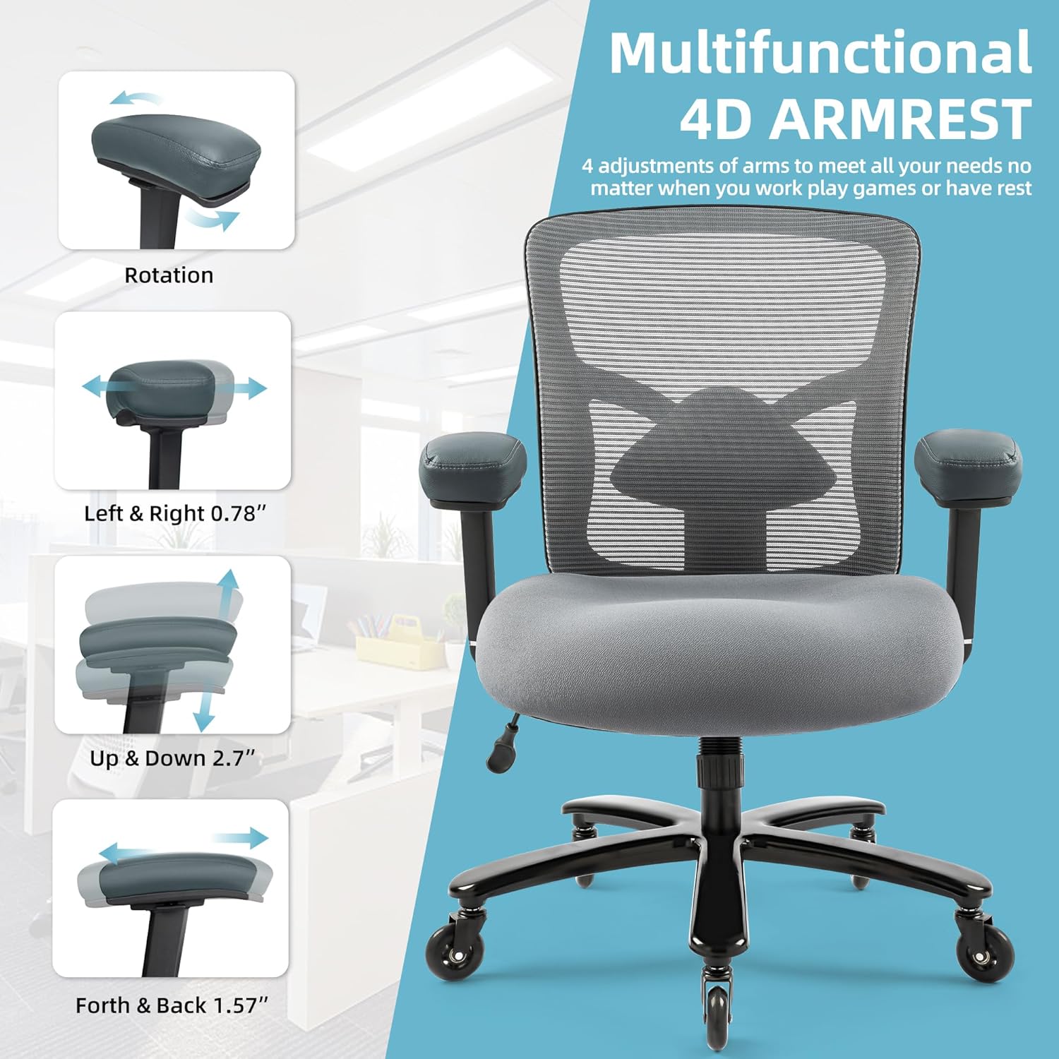 Big and Tall Office Chair 500lbs - Ergonomic Mesh Desk Chair, Heavy Duty Computer Chair-Wide Thick Seat Cushion, Adjustable Lumbar Support, Metal Base, Rubber Wheels, 4D Armrests, Grey