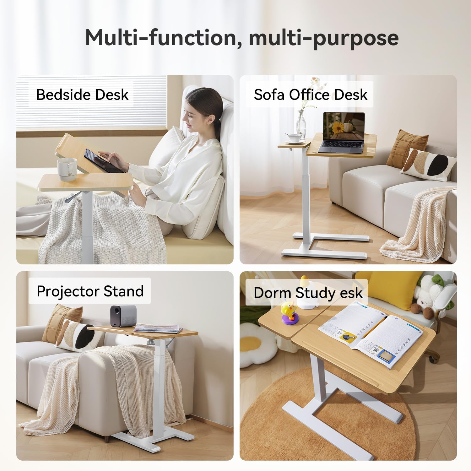 SIHOO D01 Medical Adjustable Tilt Overbed Bedside Table with Wheels Pneumatic Mobile Standing Laptop Desk Rolling Computer Cart Movable Bed Hospital Home Use （White Oak）