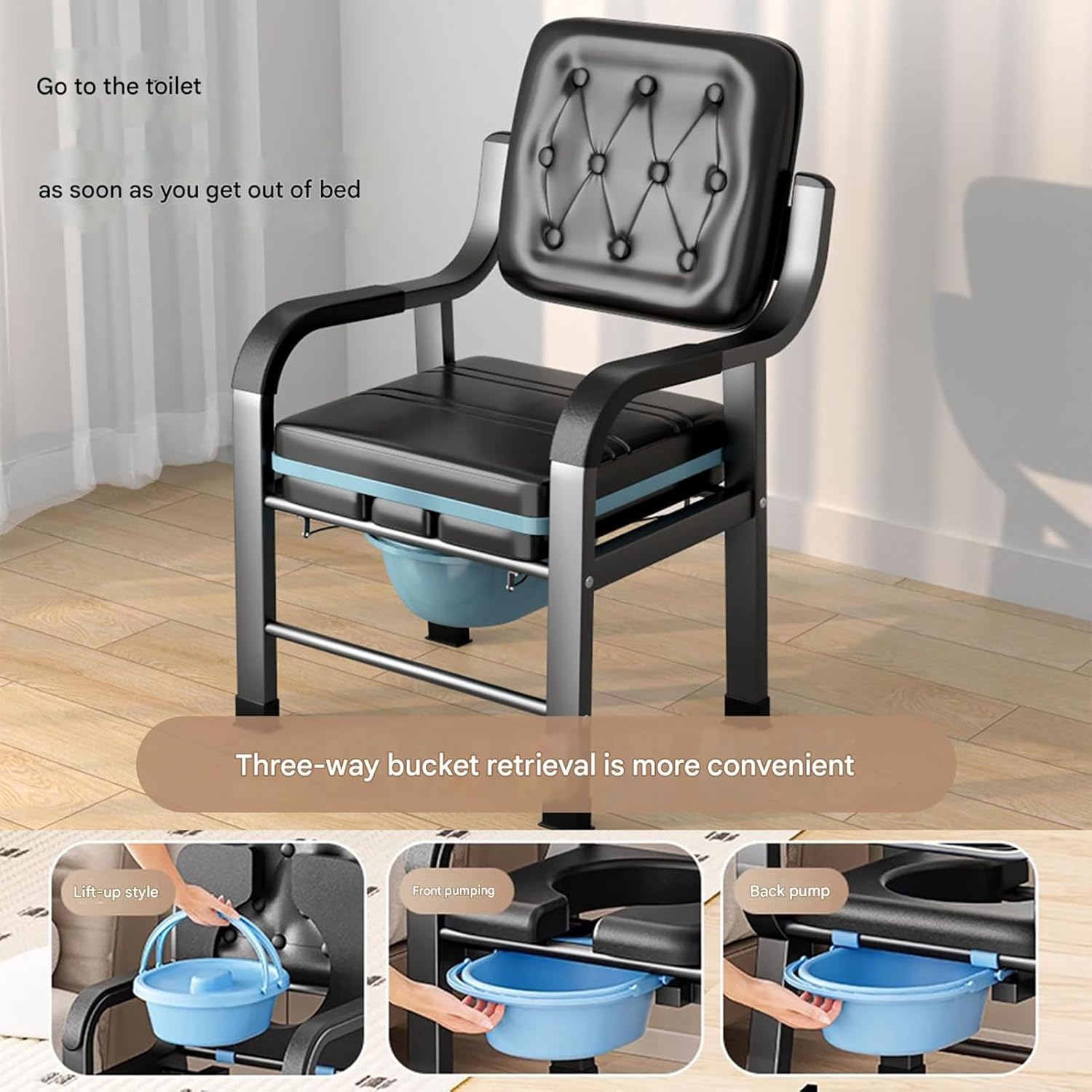 Bedside Commode Chair, Elderly Mobile Toilet Stool, Adjustable Height Bedside Commodes for Seniors, Pregnant Women, with Padded Backrest, Arm Support