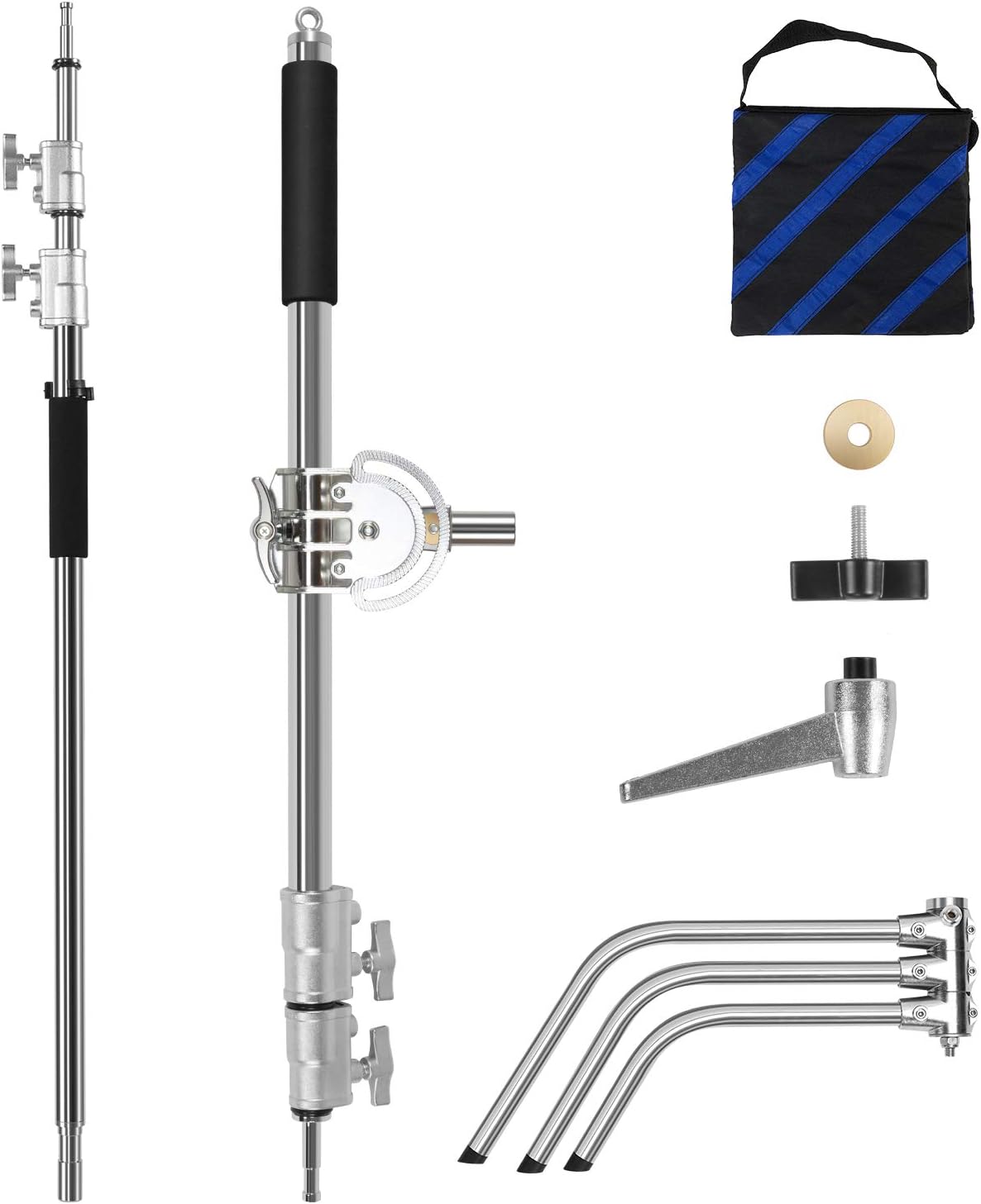 GVM Photography Heavy Duty C Stand with Boom Arm - Max Height 10ft/3.2m, 3ft/1m to 7ft/2.25m Holding Arm Kit for Reflectors, Softboxes, Monolights