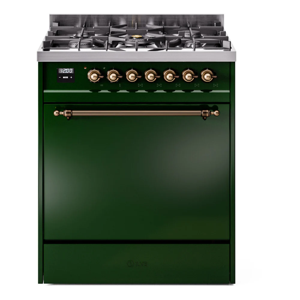 ILVE Nostalgie II 30-Inch Dual Fuel Range with Solid Door in Emerald Green with Bronze Trim (UP30QNMPEGB)