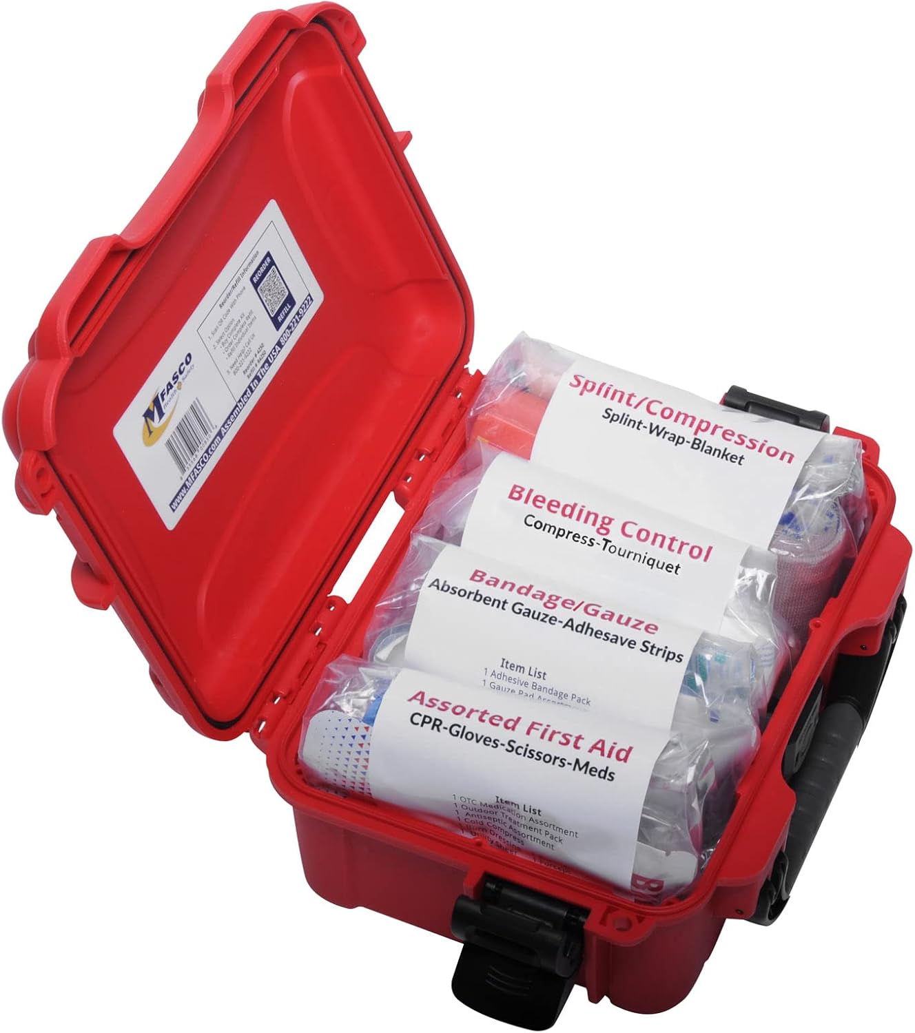 MFASCO First Aid Kit Waterproof Rugged Resin Case for Outdoor Sporting Activities Home Organized Treatment Packs 111 Pieces - Durable Lightweight - Assembled in USA - 10.2L x 7.9W x 4.5H