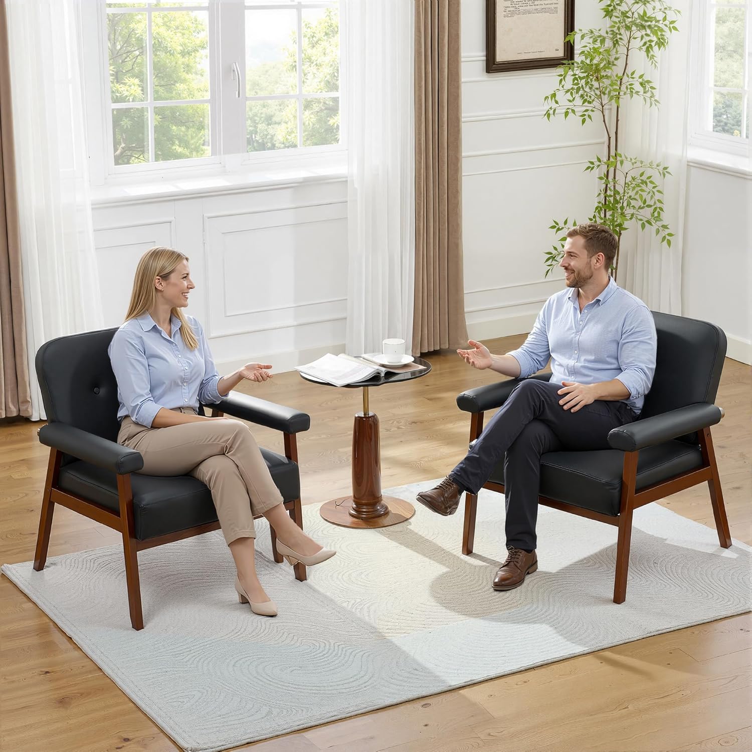 JIASTING Accent Chairs Set of 2, Black Leather Chairs with Solid Wood Frame, Tufted Small Mid-Century Modern Wooden Arm Chair, Comfy Office Reading Armchair for Living Room, Bedroom (2)