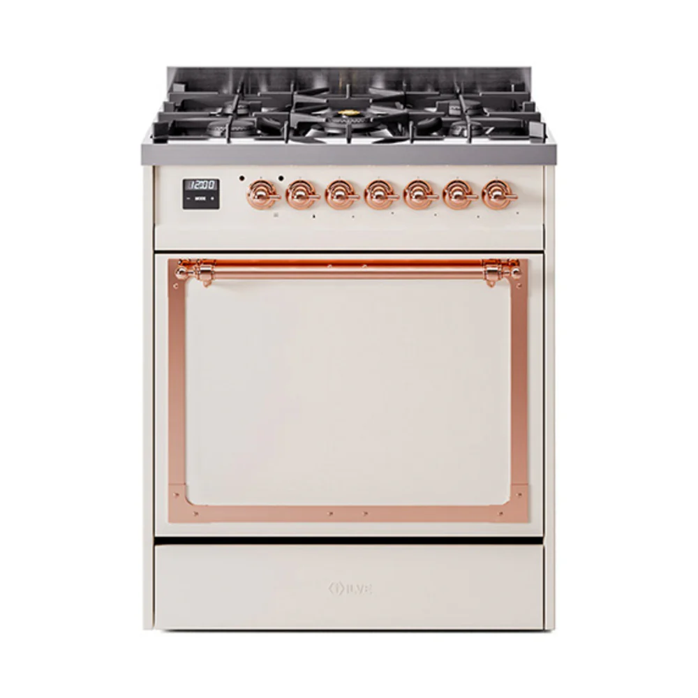 ILVE Nostalgie II Noblesse 30-Inch Dual Fuel Range with Solid Door in Antique White with Copper Trim (UN30QNMPAWP)