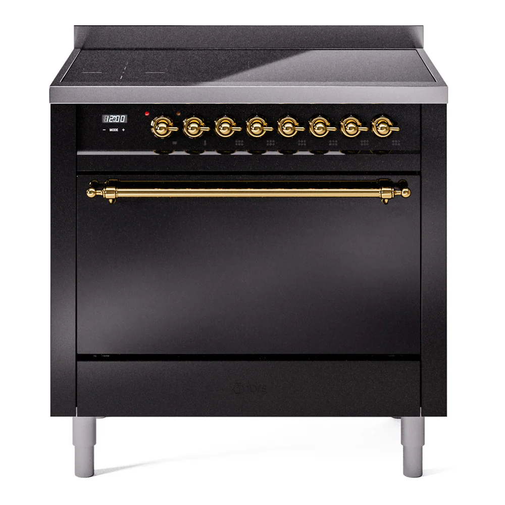 ILVE 36-Inch Nostalgie II Induction Range with Solid Door Oven in Glossy Black with Brass Trim (UPI366QNMPBKG)
