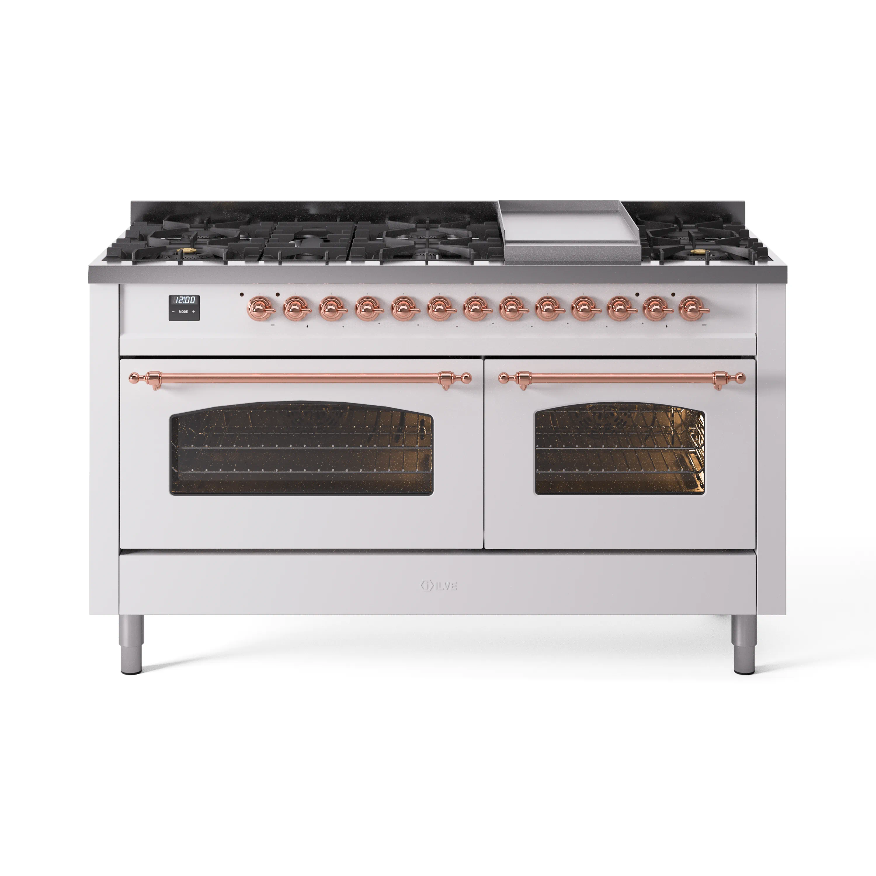 ILVE 60-Inch Nostalgie II Dual Fuel Range with 9 Burners, Griddle and Triple Glass Door Oven in White with Copper Trim (UP60FNMPWHP)
