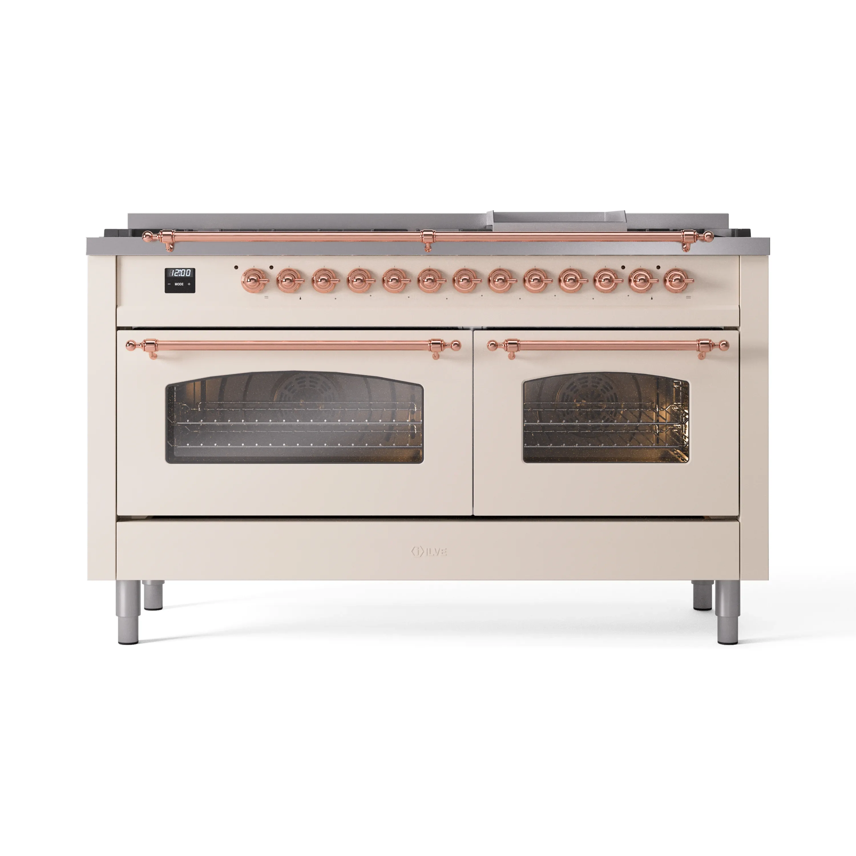 ILVE 60-Inch Nostalgie II Dual Fuel Range with 9 Burners, Griddle and Triple Glass Door Oven in Antique White with Copper Trim (UP60FNMPAWP)