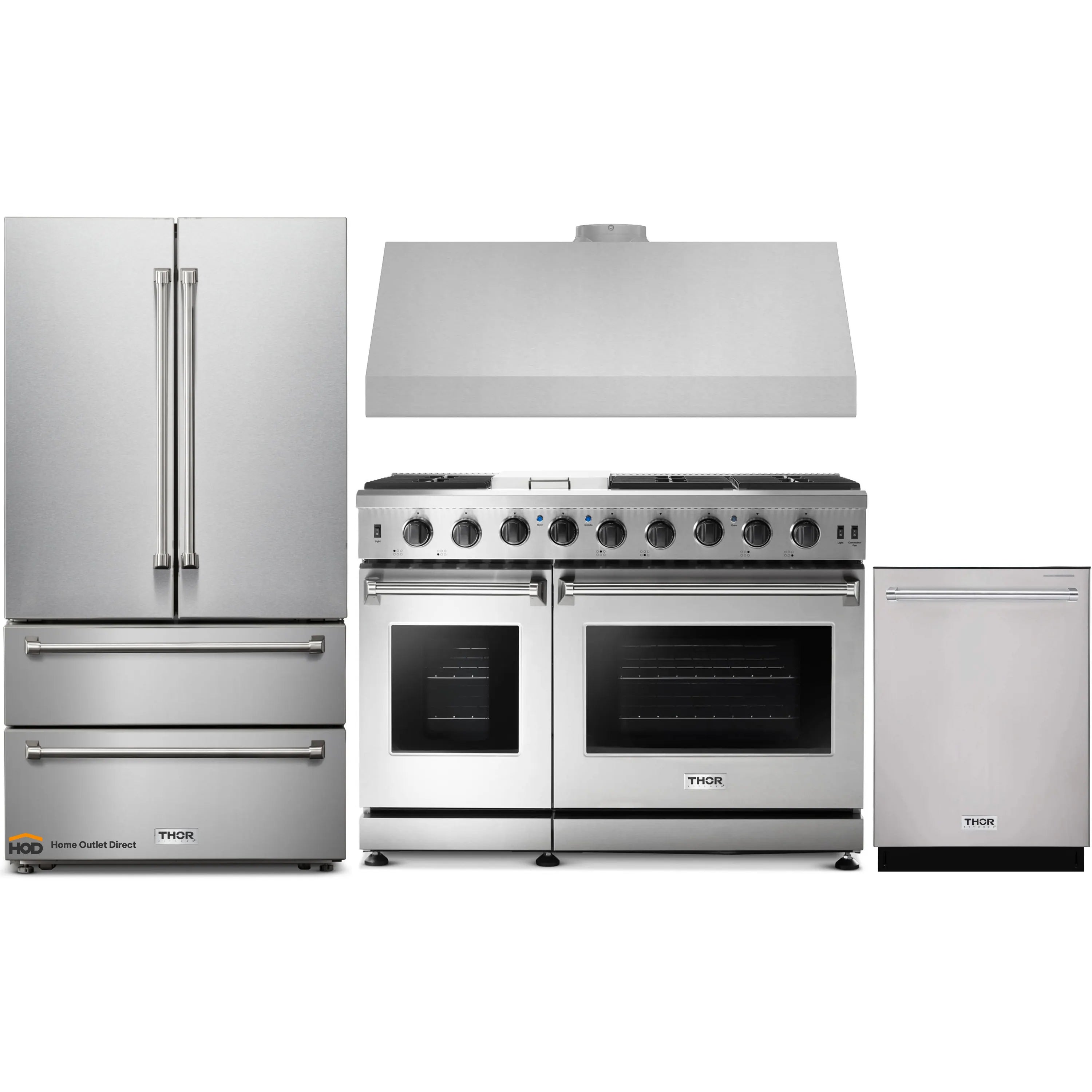 Thor Kitchen 4-Piece Appliance Package - 48-Inch Gas Range, French Door Refrigerator, Dishwasher & Under Cabinet 11-Inch Tall Hood in Stainless Steel