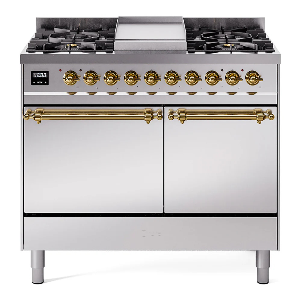 ILVE 40-Inch Nostalgie II Dual Fuel Range with 6 Burners, Griddle and Solid Door Oven in Stainless Steel with Brass Trim (UPD40FQNMPSSG)
