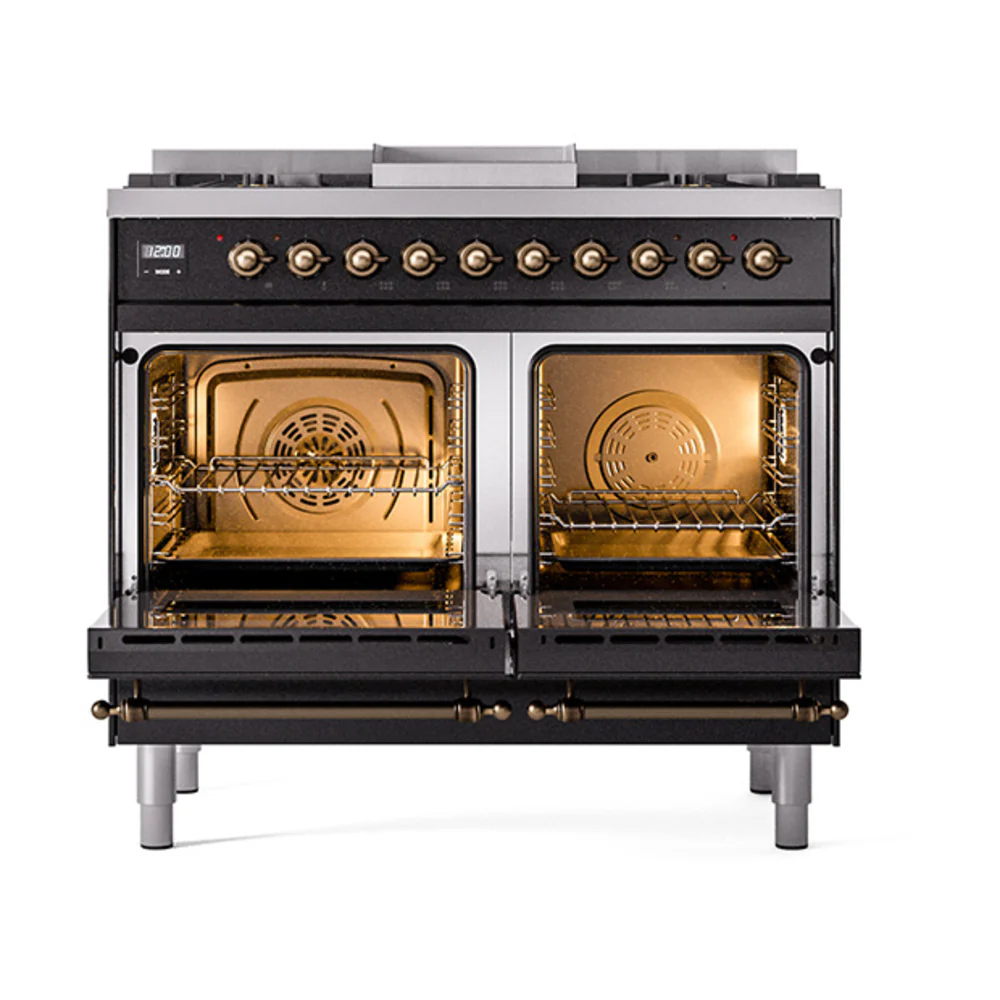 ILVE 40-Inch Nostalgie II Dual Fuel Range with 6 Burners, Griddle and Solid Door Oven in Glossy Black with Bronze Trim (UPD40FQNMPBKB)