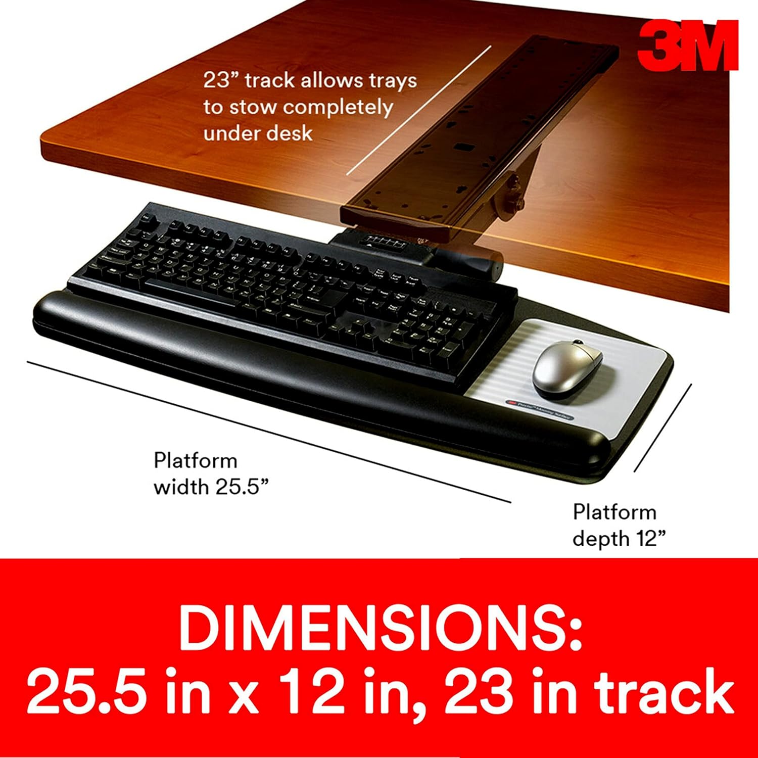 3M Sit/Stand Easy Adjust Keyboard Tray, 25.5 in. x 12 in. Wood Platform, 23 in. Track, Black, Wrist Rest and Mouse Pad