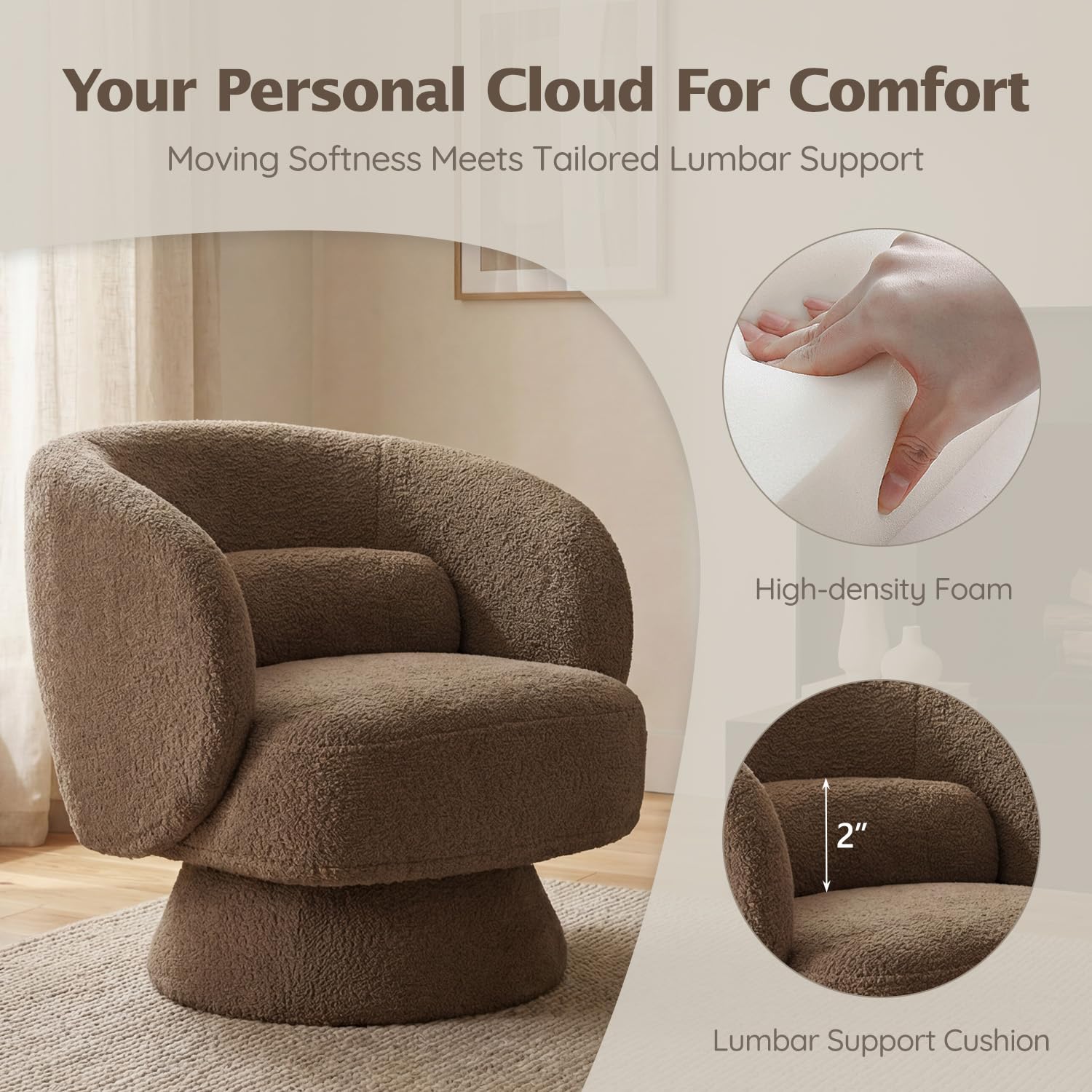 Swivel Accent Chair, Modern 360 Degree Swivel Barrel Chair with Arms & Curved Back and Lumbar Support Cushion, Comfy Round Single Boucle Sofa for Small Space, Living Room, Bedroom, Brown