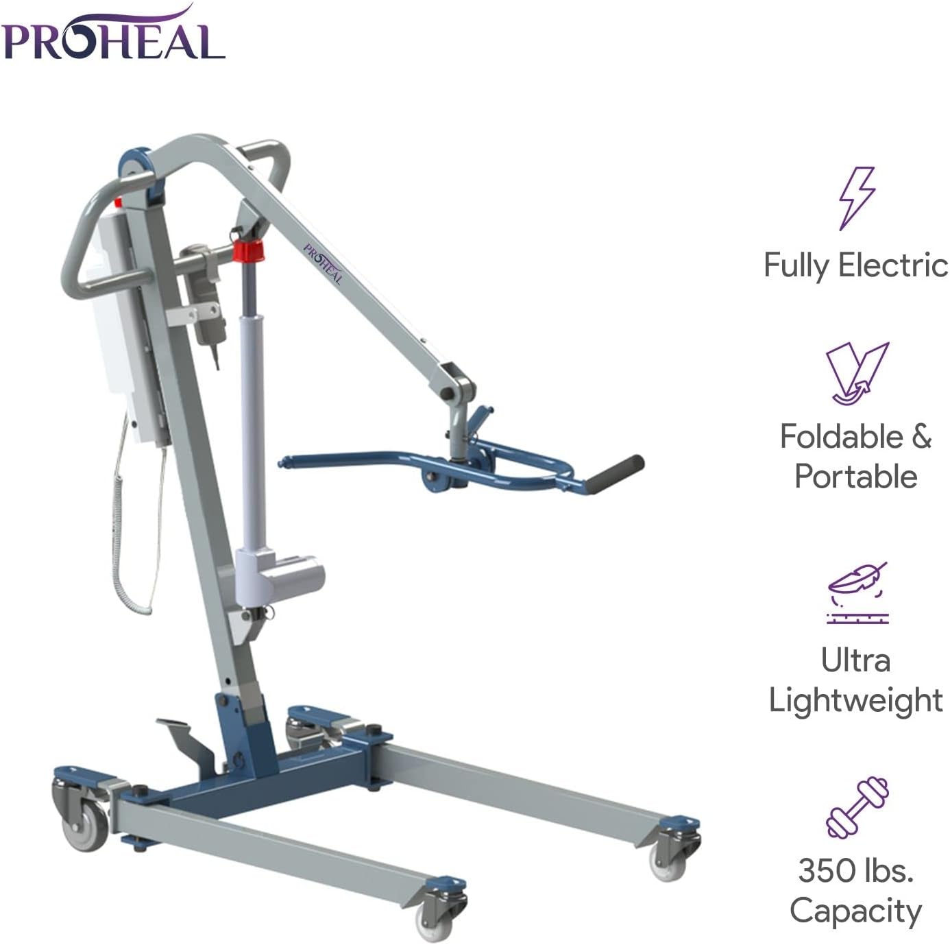 ProHeal All-in-One Patient Lift - Portable Patient Lift for Home Use and Facilities - Universal Electric Lift for Car, Chair, Bed, and Floor - 350 lb. Weight Capacity - 4-Point Spreader Bar