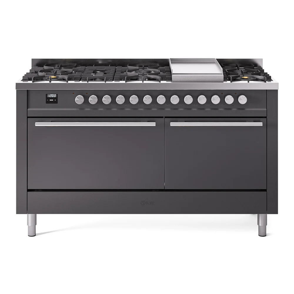 ILVE 60-inch Professional Plus II Dual Fuel Range with 9 Burners, Griddle, and Solid Door Oven in Matte Graphite (UP60FQMPMG)