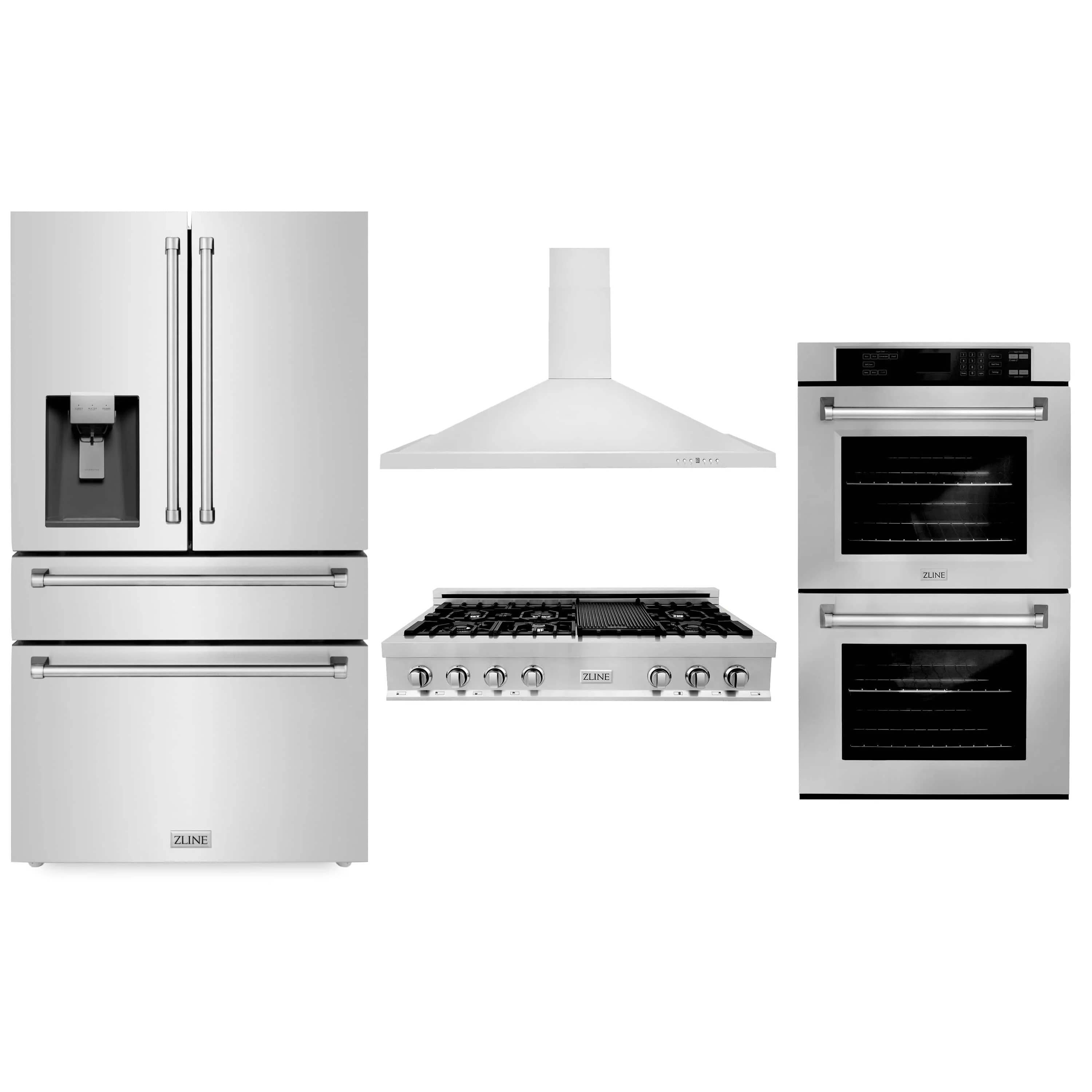 ZLINE 4-Piece Appliance Package - 48-Inch Rangetop, 30鈥?Double Wall Oven, 36鈥?Refrigerator with Water Dispenser, and Convertible Wall Mount Hood in Stainless Steel (4KPRW-RTRH48-AWD)