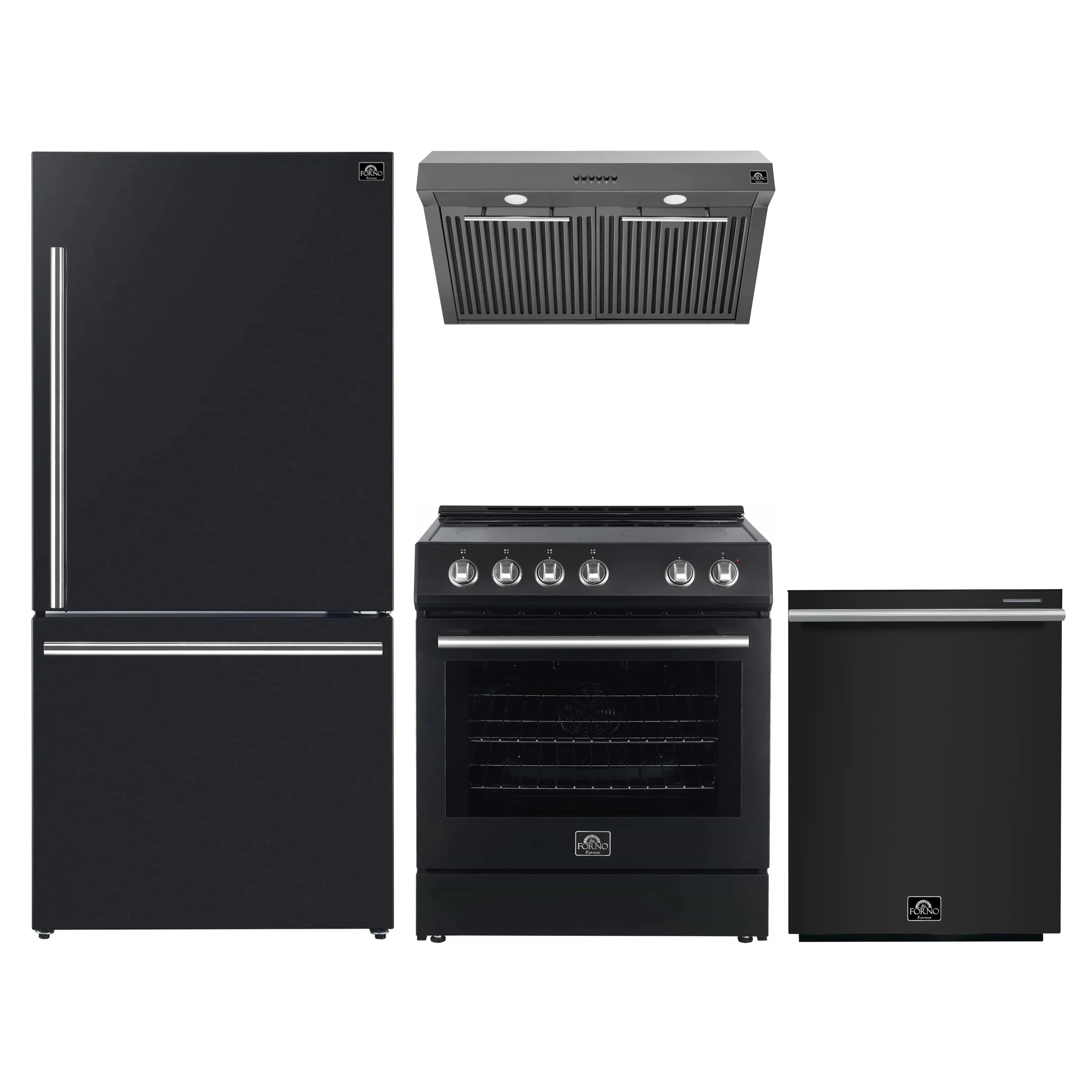 FORNO 4-Piece Appliance Package- 30-Inch Electric Range, Under Cabinet Range Hood, 31-Inch Refrigerator, and Built-In Dishwasher in Black with Stainless Steel Trim (FBDL-006-02US)