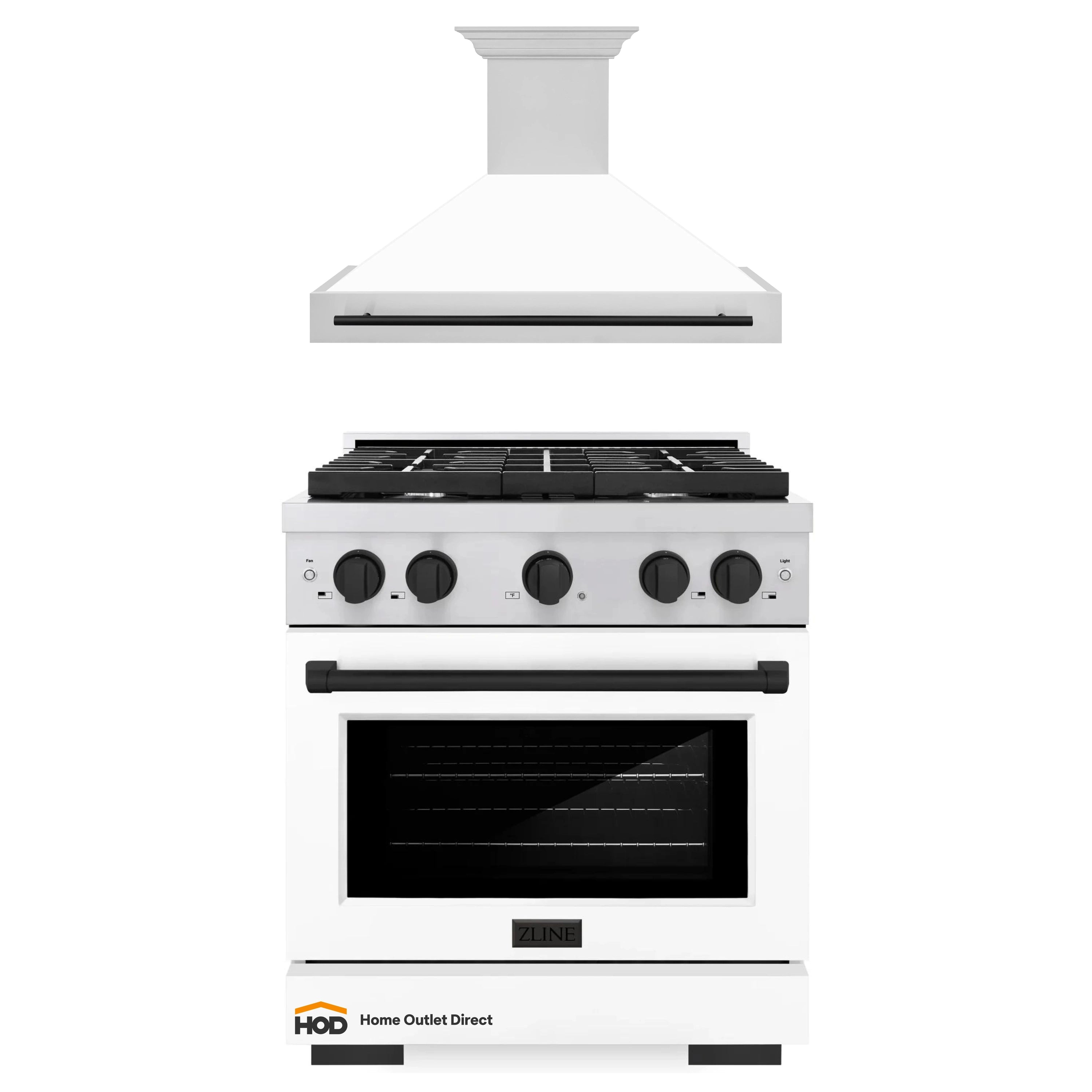 ZLINE Autograph Edition 2-Piece Appliance Package - 30-Inch Gas Range and Wall Mounted Range Hood in Stainless Steel and White Door with Matte Black Trim (2AKP-SGRWMRH30-MB)