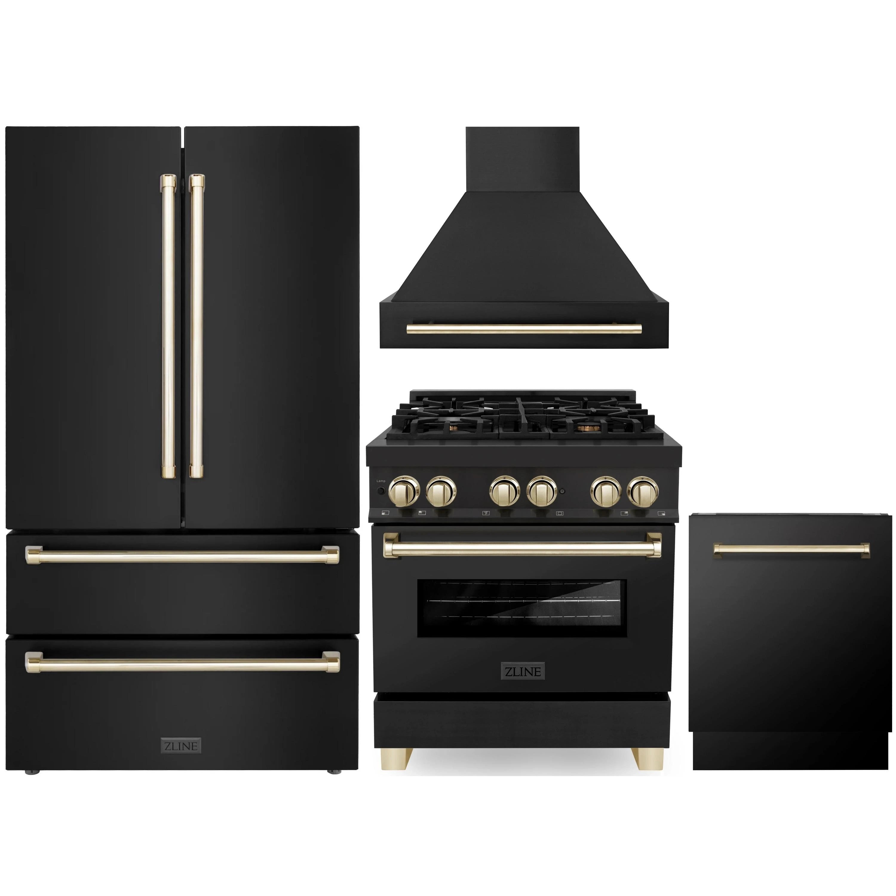 ZLINE Autograph Edition 4-Piece Appliance Package - 30-Inch Dual Fuel Range, Wall Mounted Range Hood, and 24-Inch Tall Tub Dishwasher in Black Stainless Steel with Gold Trim (4AKPR-RABRHDWV30-G)