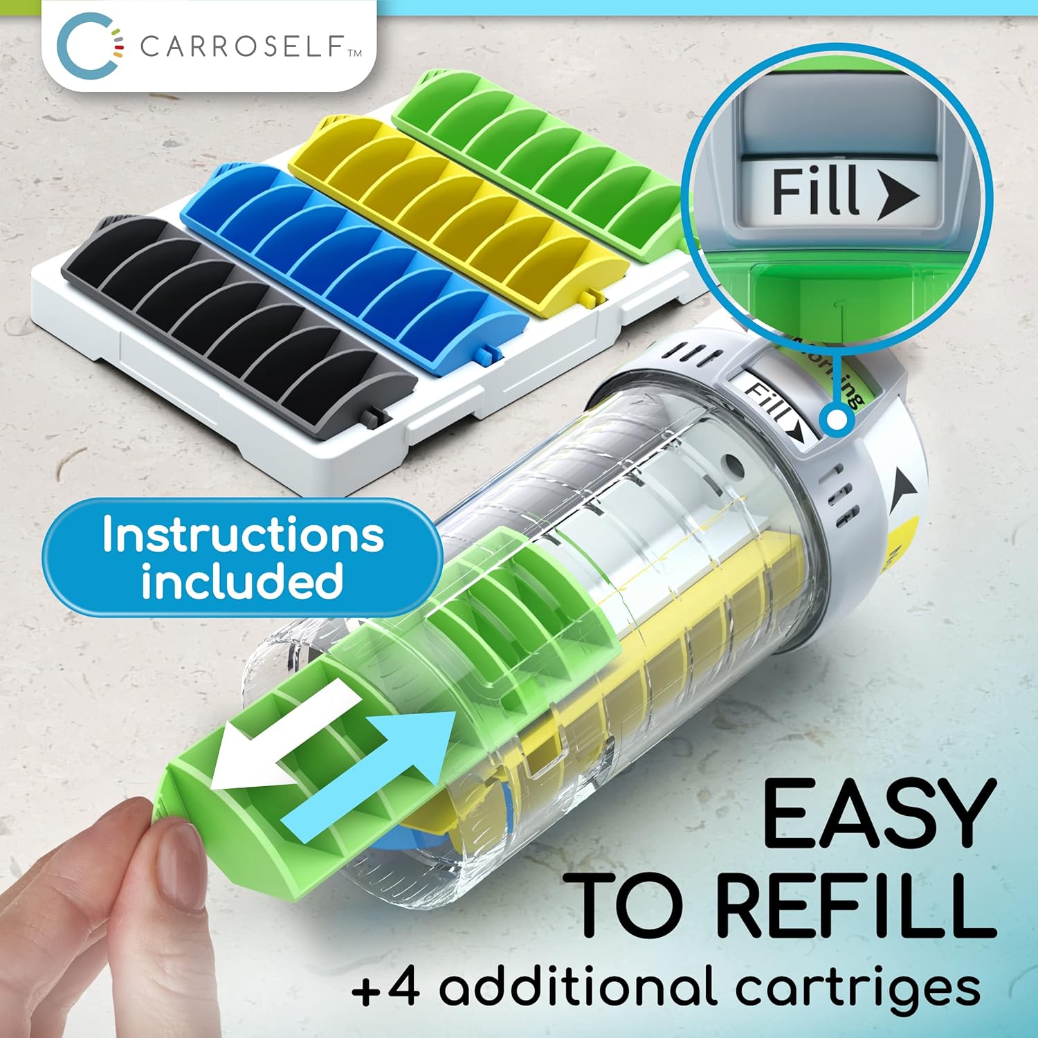 Complete Pill Dispenser System with to-Go Box, Pill Cutter & Extra Cartridges – Weekly AM/PM Pill Organizer for 4 Daily Doses, Travel Pill Case & Medication Organizer for Home and On-The-Go