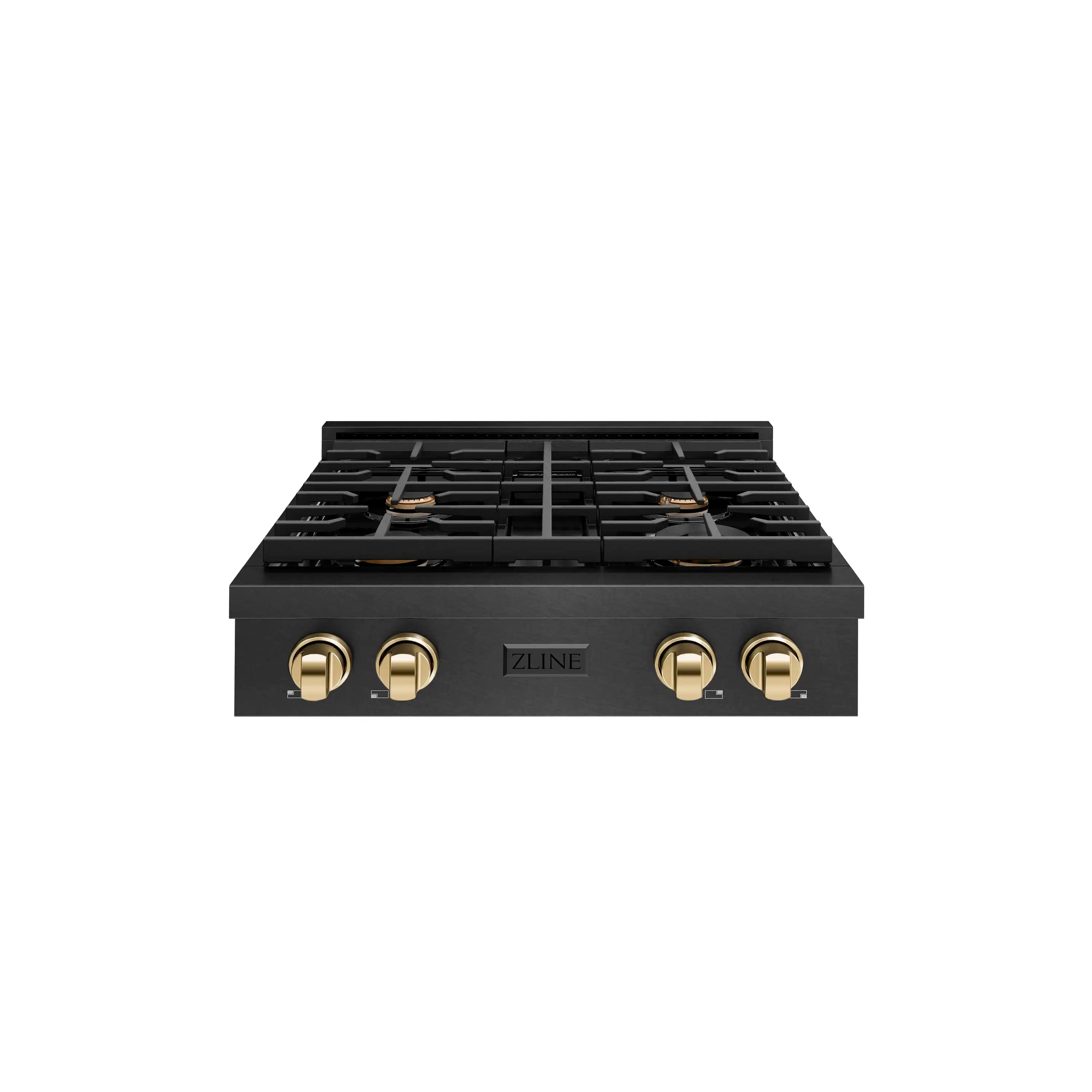 ZLINE Autograph 30-Inch Paramount Gas Rangetop with 4 Burners and Porcelain Cooktop in Black Satin with Polished Gold Accents (SRTBSZ-30-G)