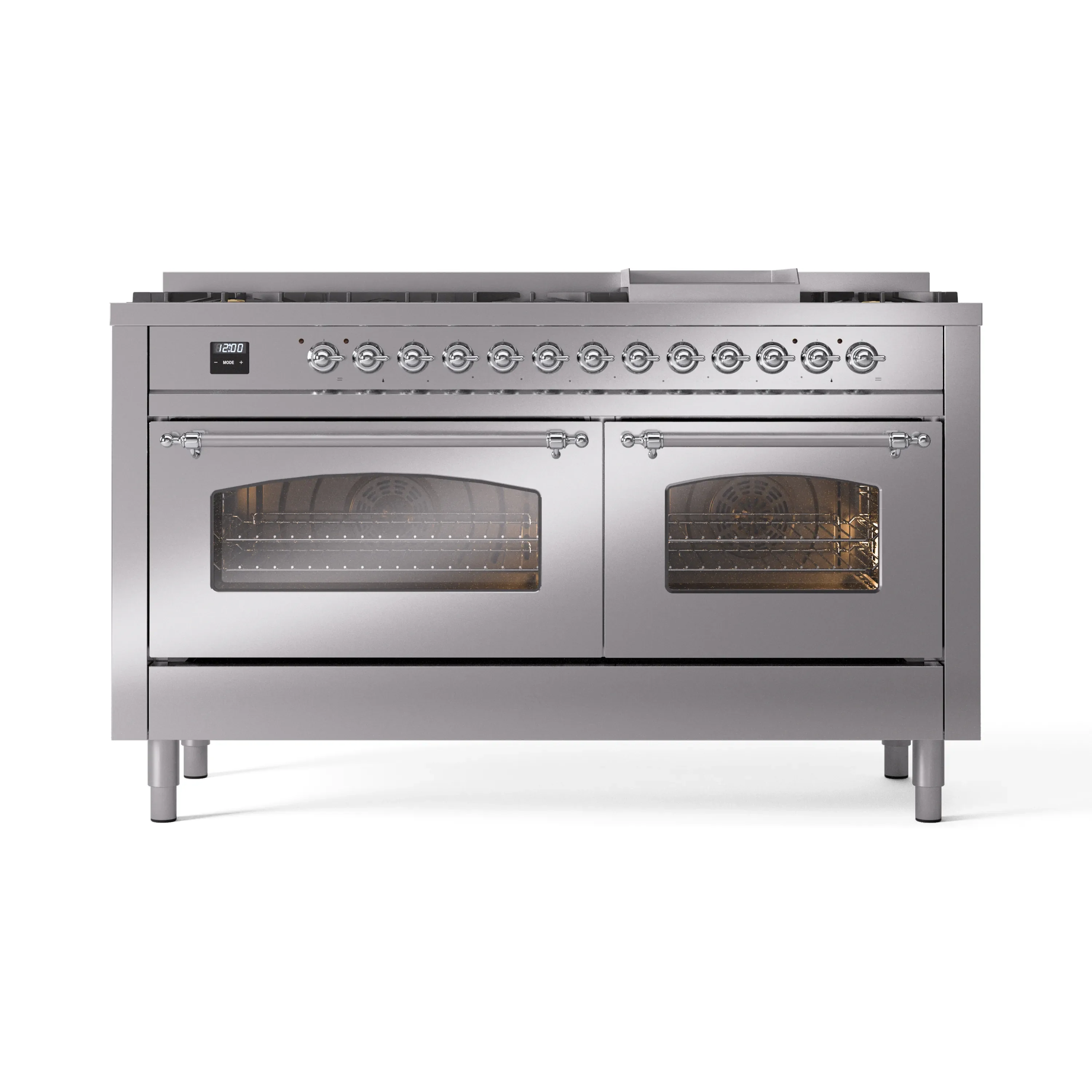 ILVE 60-Inch Nostalgie II Dual Fuel Range with 9 Burners, Griddle and Triple Glass Door Oven in Stainless Steel with Chrome Trim (UP60FNMPSSC)