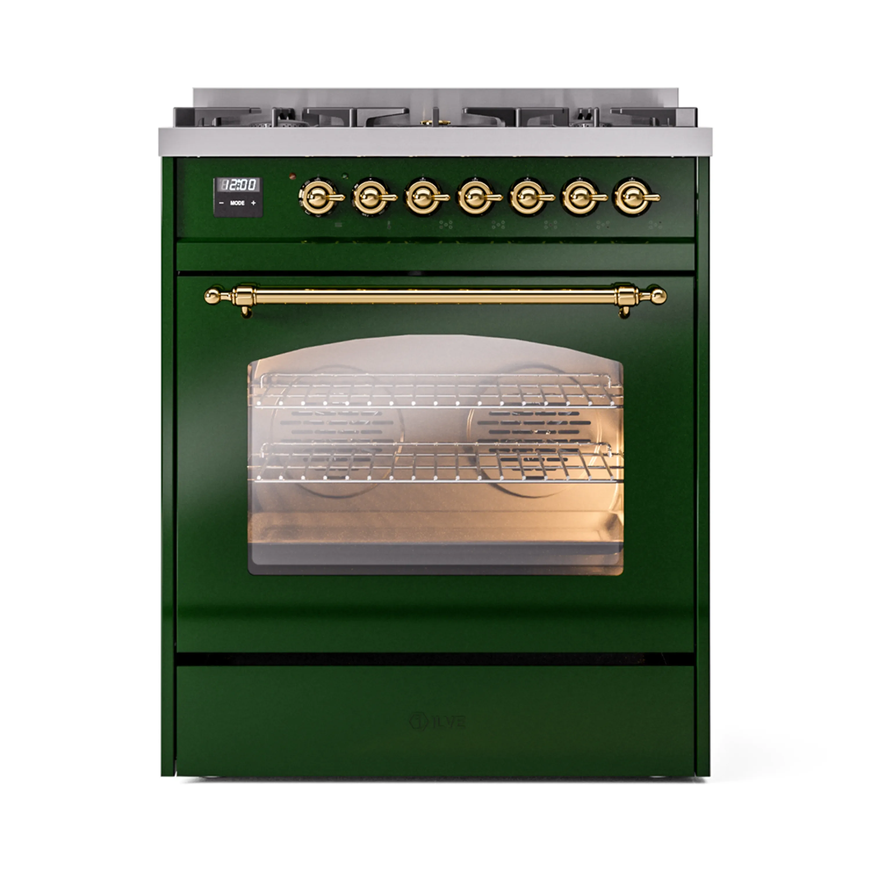ILVE Nostalgie II 30-Inch Dual Fuel Freestanding Range in Emerald Green with Brass Trim (UP30NMPEGG)