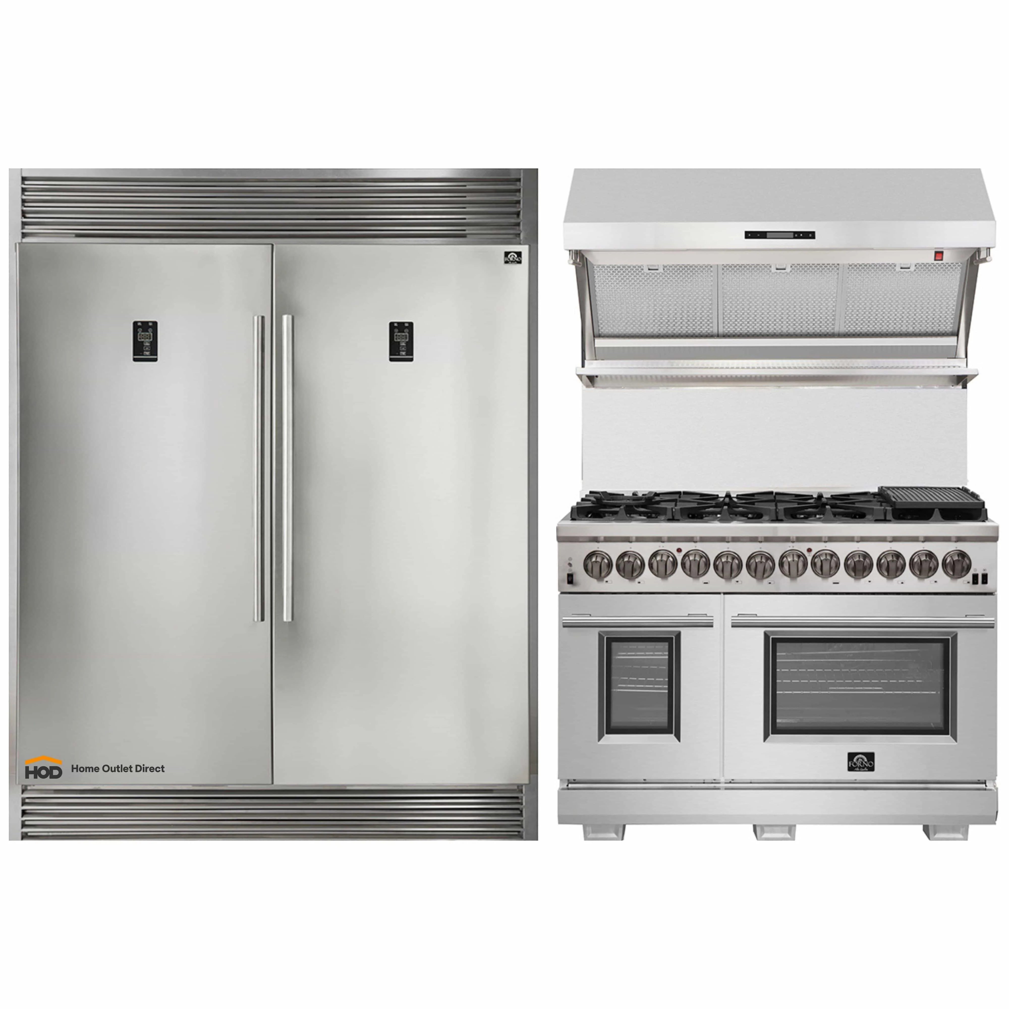 Forno 3-Piece Appliance Package - 48-Inch Dual Fuel Range, 60-Inch Pro-Style Refrigerator & Wall Mount Hood with Backsplash in Stainless Steel
