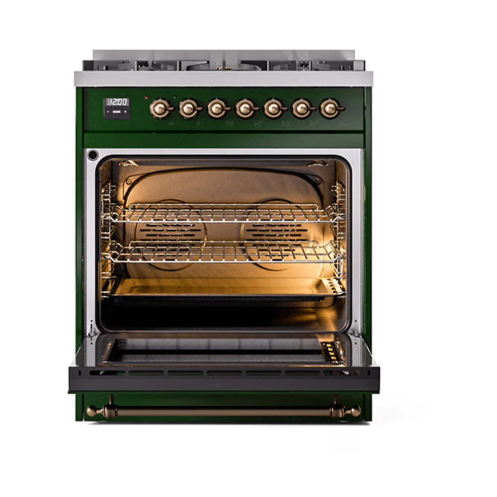ILVE Nostalgie II Noblesse 30-Inch Dual Fuel Range with Solid Door in Emerald Green with Bronze Trim (UN30QNMPEGB)