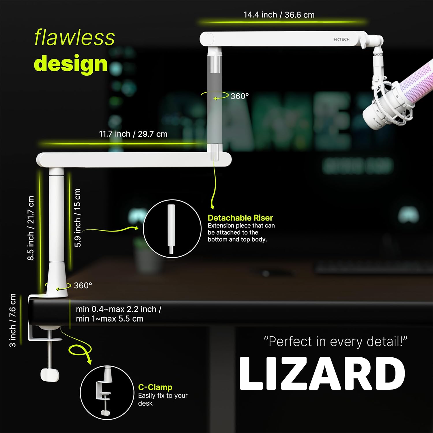 IXTECH White Microphone Boom Arm Stand Low Profile Boom Arm Adjustable Mic Stand with Built In Cable Management 360° Swivel Mic Arm.