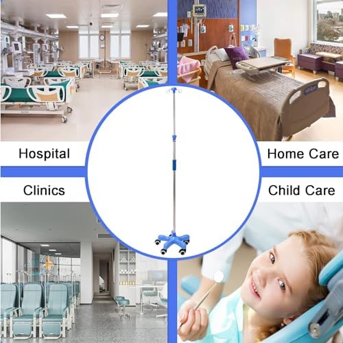 IV Pole with Wheels, Adjustable Height IV Stand, 5-Leg Rolling Bases, 4 Hooks, Stainless Steel, Medical Equipment for Home & Hospital Use