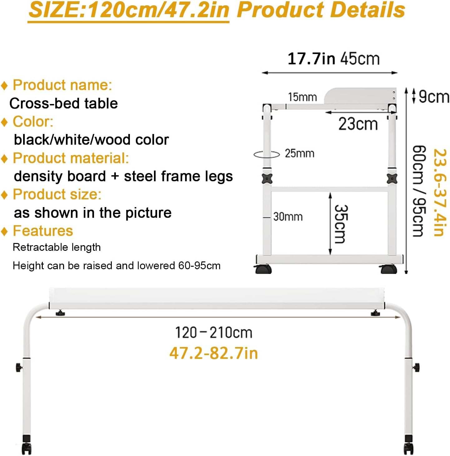 Rolling Over Bed Table, Adjustable Over Bed Desk with Wheels - Height & Width Adjustable Laptop Workstation, Mobile Food Tray & Medical Table for Home & Office Use