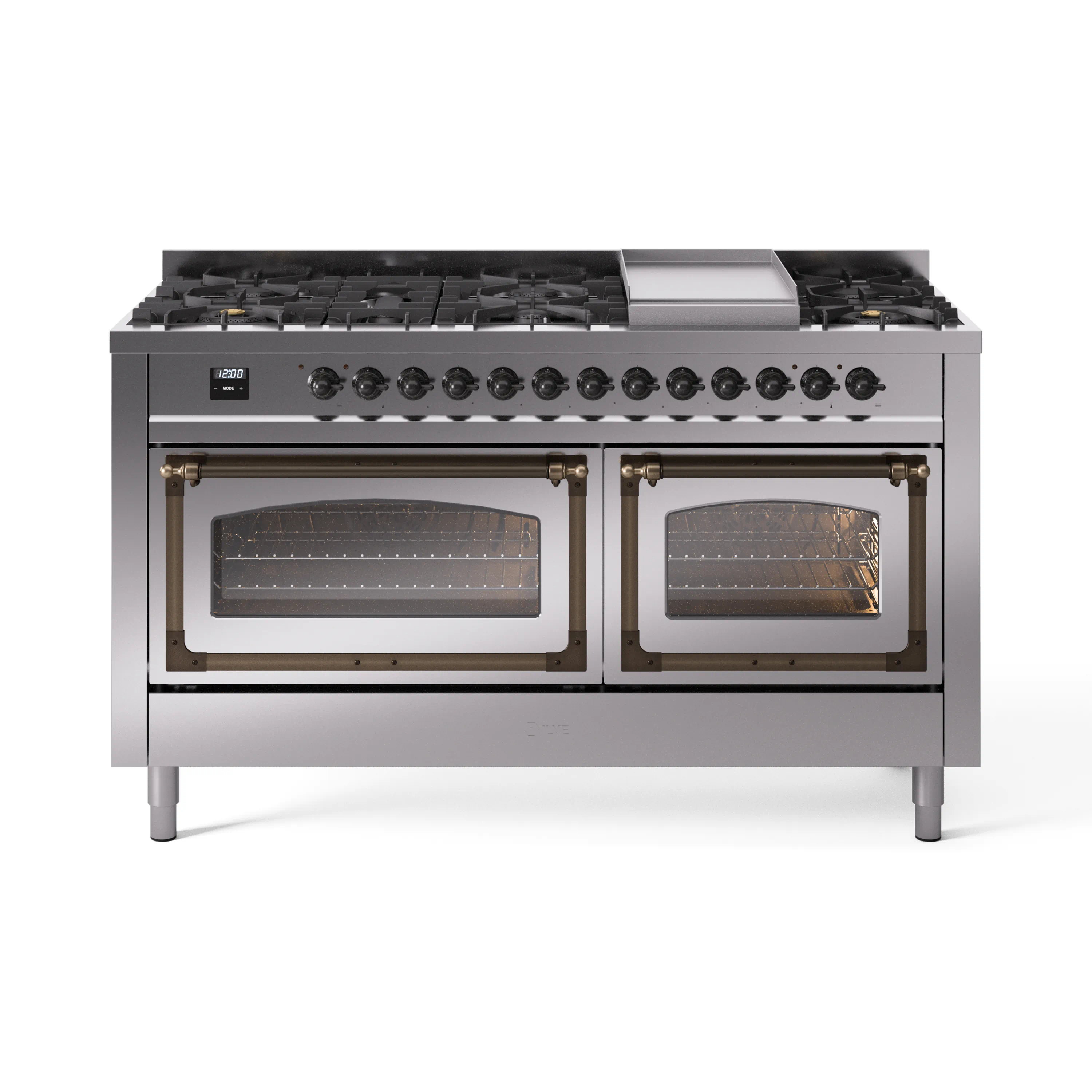 ILVE 60-Inch Nostalgie II Noblesse Dual Fuel Range with 9 Sealed Burners, Griddle, Triple Glass Door Oven in Stainless Steel with Bronze Trim (UN60FNMPSSB)