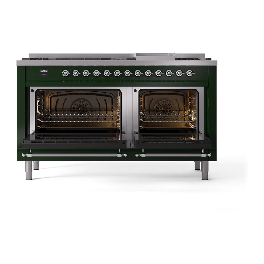 ILVE 60-Inch Nostalgie II Dual Fuel Range with 9 Burners, Griddle, and Solid Door Oven in Emerald Green with Chrome Trim (UP60FQNMPEGC)