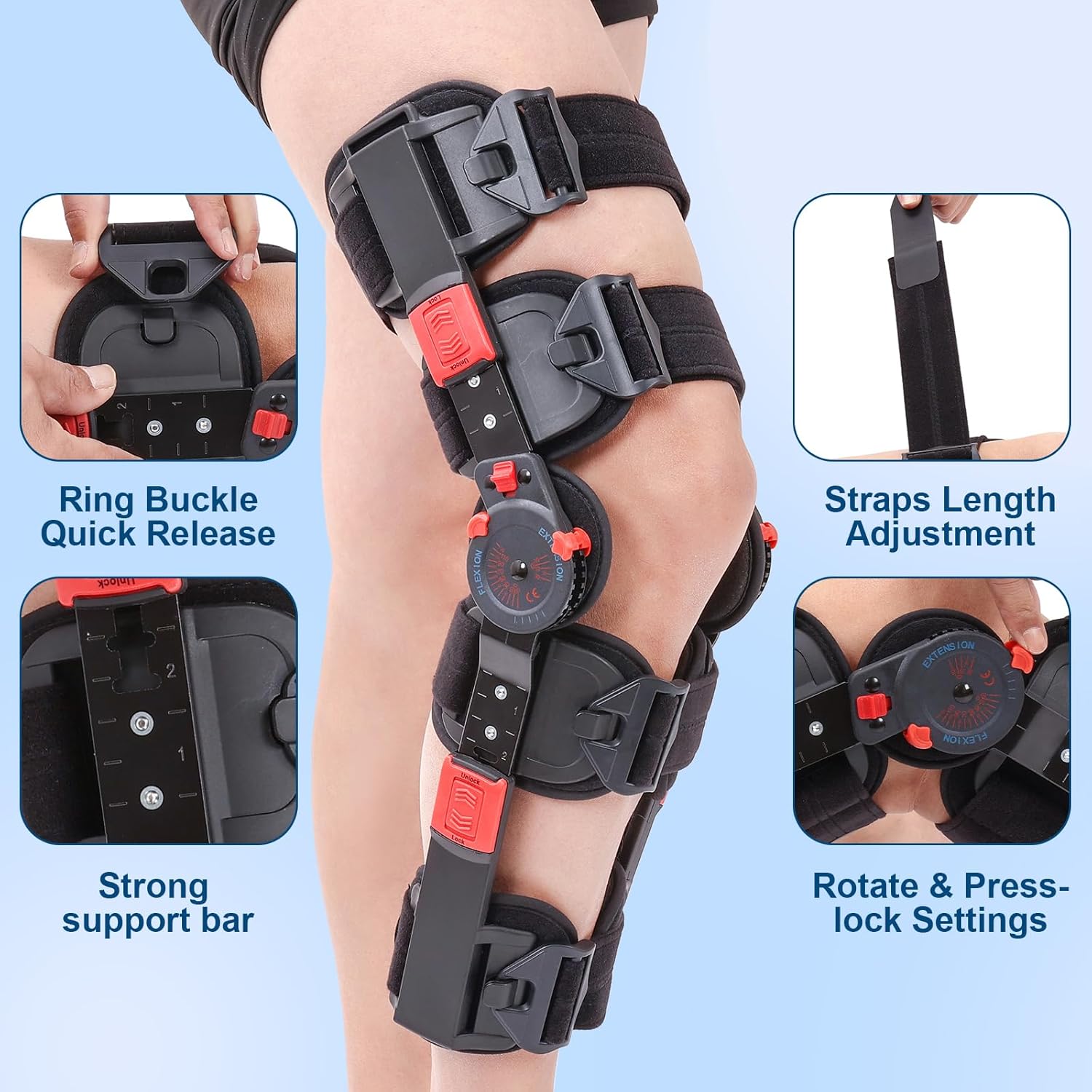Hinged ROM Knee Brace with Side Stabilizers, Adjustable Post Op Knee Support Orthosis Immobilizer for ACL, PCL and MCL Injury, Medical Knee Orthopedic Support, Leg Stabilizer for Left or Right Leg, Men and Women (Red)