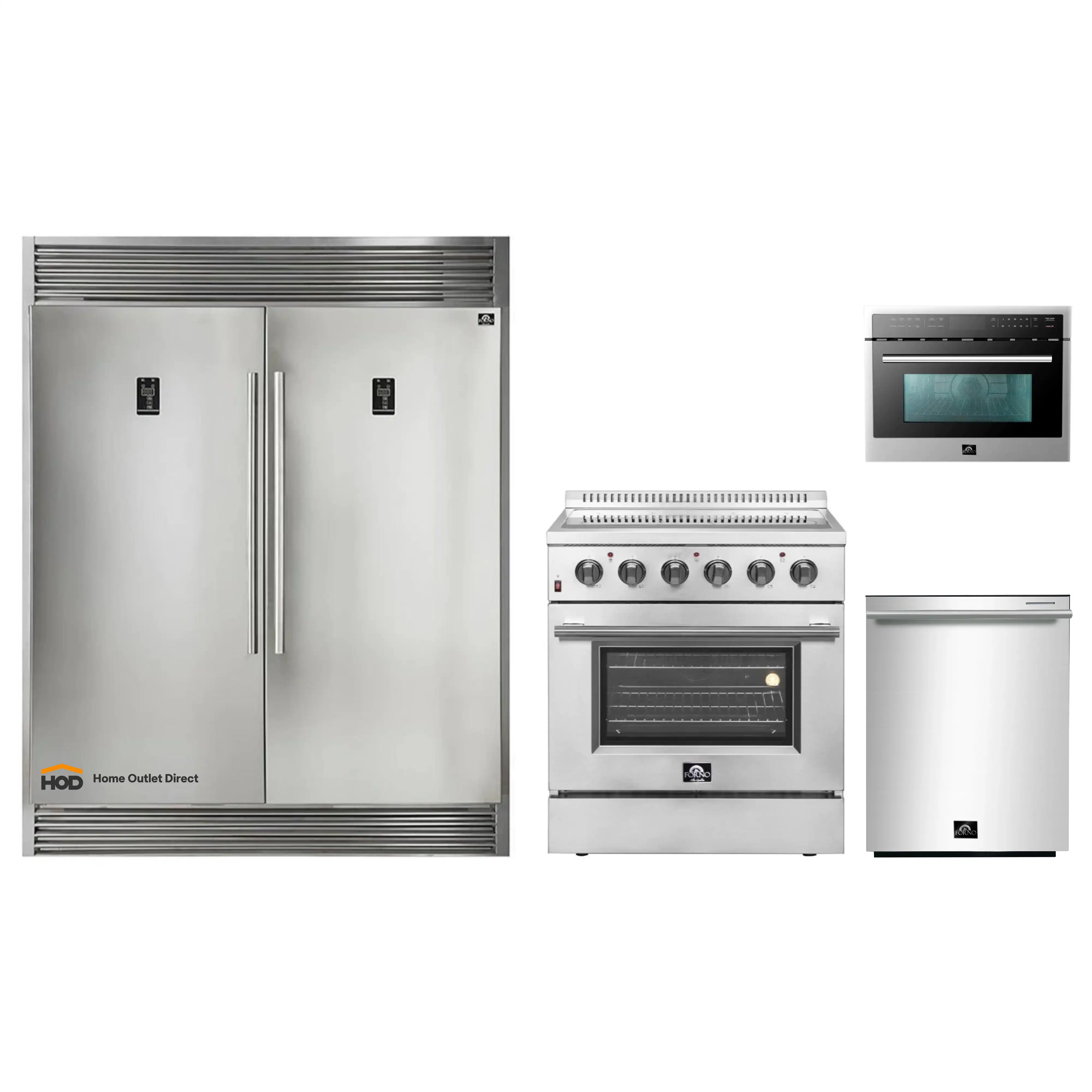 Forno 4-Piece Appliance Package - 30-Inch Electric Range, Pro-Style Refrigerator, Dishwasher, and 24-Inch Microwave Oven in Stainless Steel