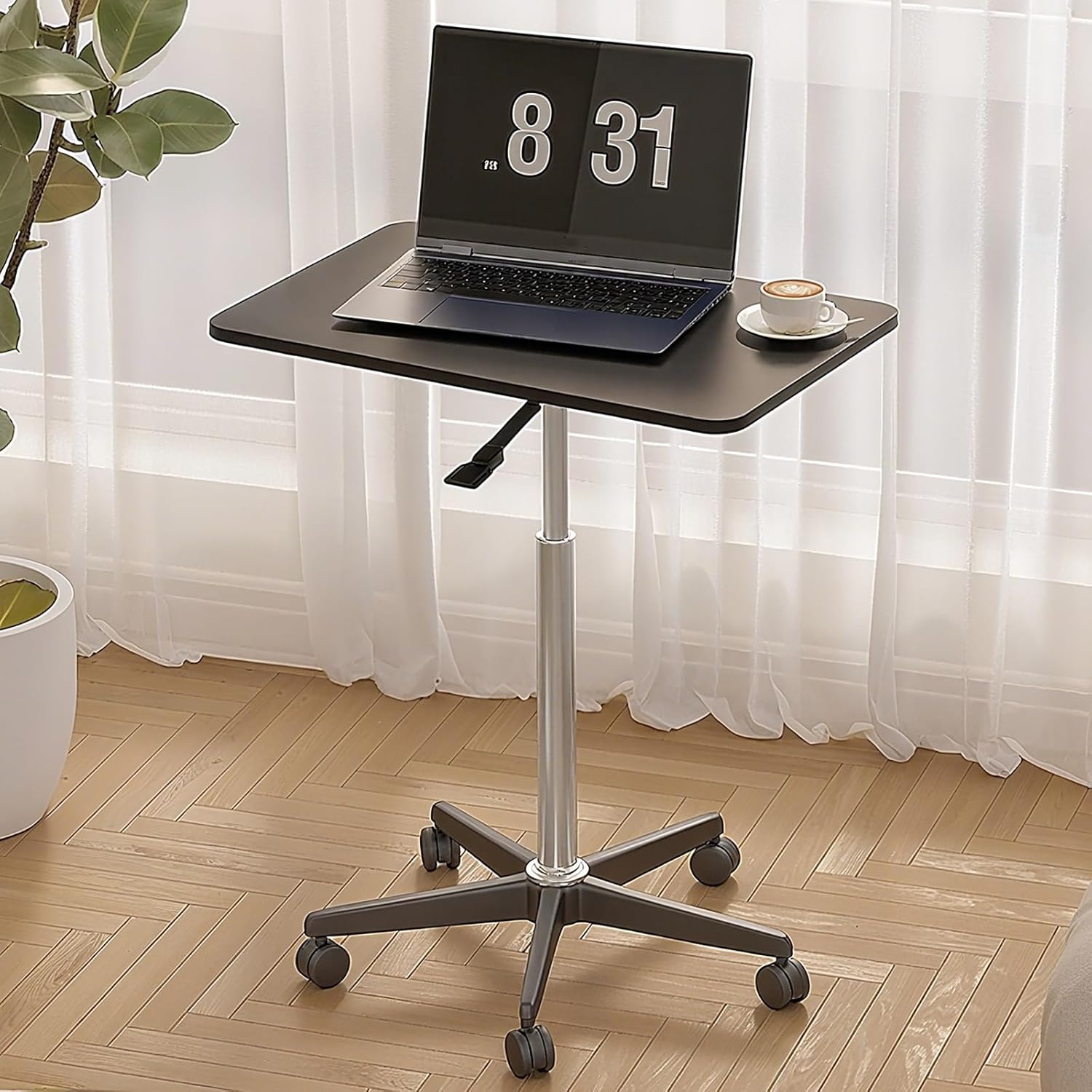Adjustable Overbed Bedside Table with Wheels, 360° Rotation Pneumatic Mobile Standing Desk, Rolling Computer Cart Hospital Home Use(Black,109cm/42.9in)
