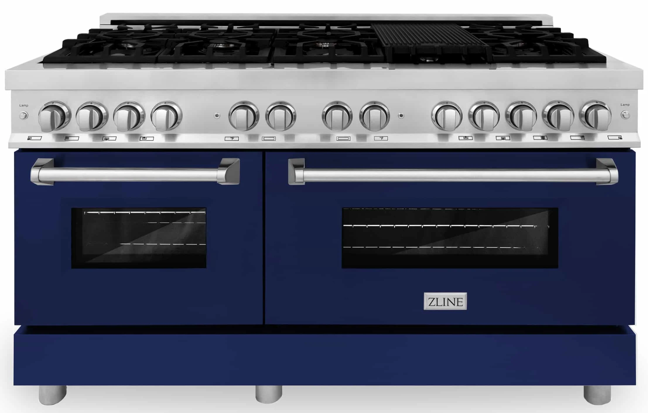 ZLINE 60-inch Legacy Series Dual Fuel Range with 9 Gas Burner Stove and 7.4 Cu. Ft. Electric Oven in Stainless Steel and Blue Gloss Door (RA-BG-60)
