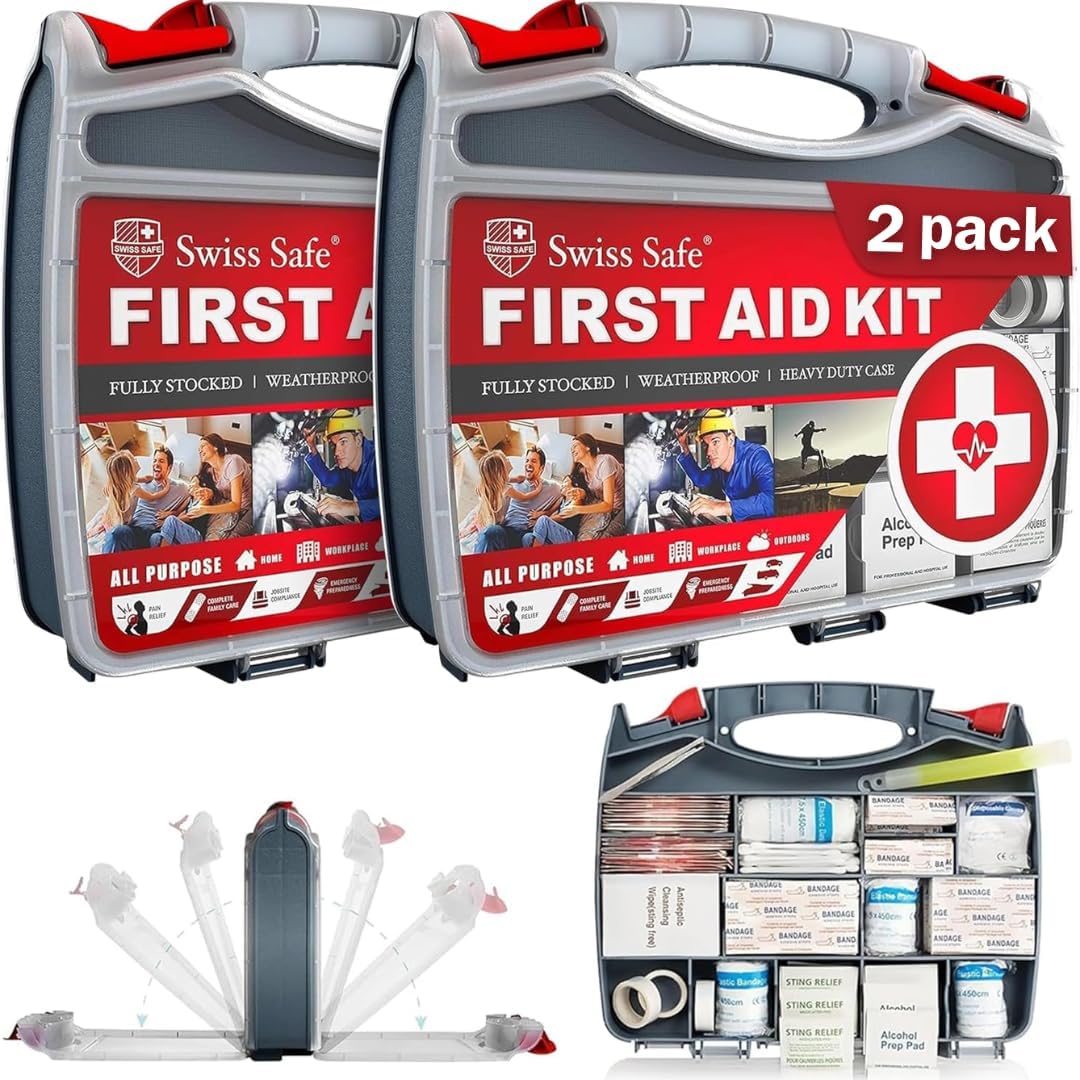 Swiss Safe 2-in-1 First Aid Kit for Car, Travel, Home, & Business – Includes Bonus Mini Kit for Medical Emergencies, Camping & Outdoor Survival – 348 Pieces, Large Hardcase, Pack of 2